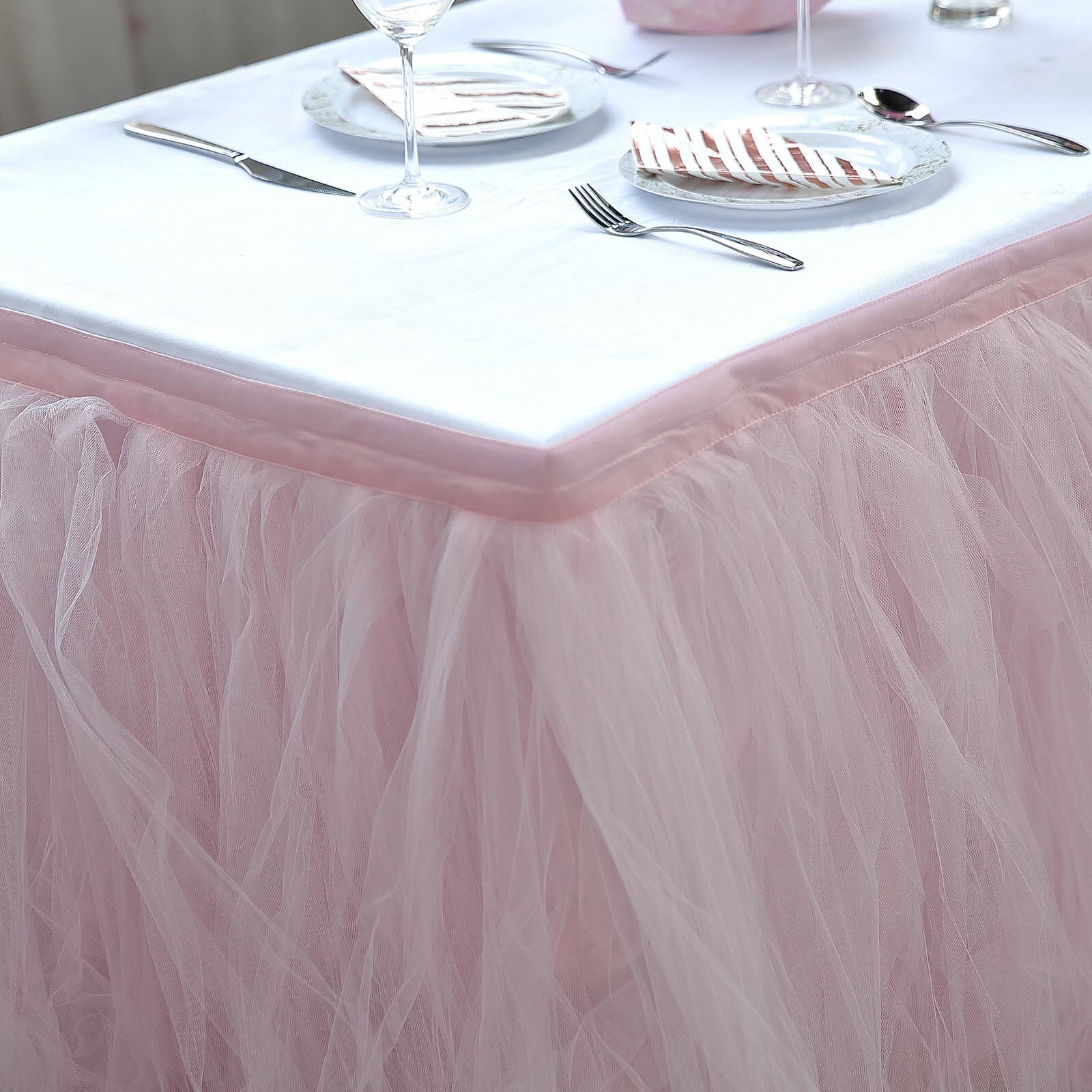 Tulle 17ft Table Skirt Blush - 4 Layer Pleated Tutu Table Cover