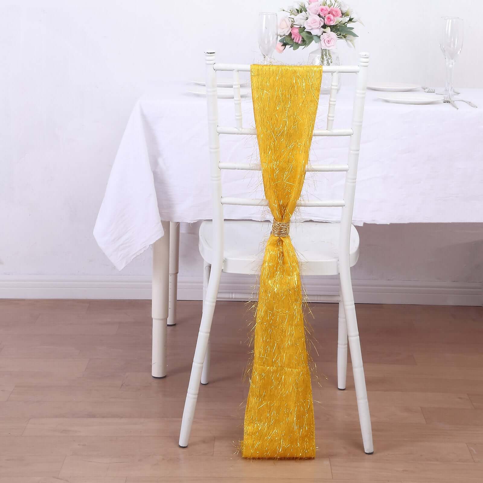 5 Pack Polyester Chair Sashes Gold Metallic Tinsel Fringe - Easy to Use Sparkly Chair Bows 6x108