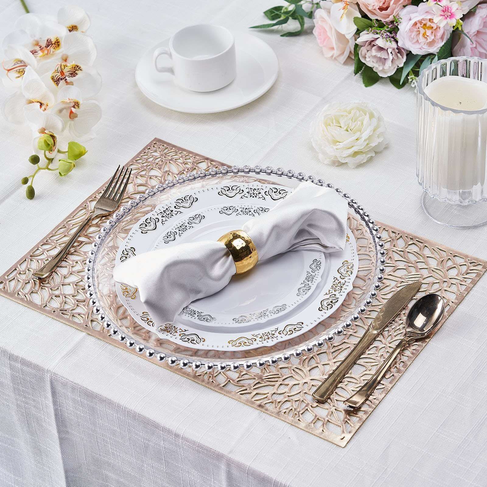 6-Pack Vinyl Placemats Gold Metallic with Floral Design - Stylish Non-Slip Rectangle Table Mats 12x18