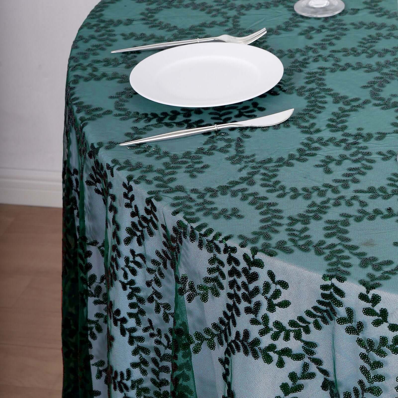 Tulle 120 Round Tablecloth Hunter Emerald Green - Seamless Sequin Leaf Embroidered Table Cover