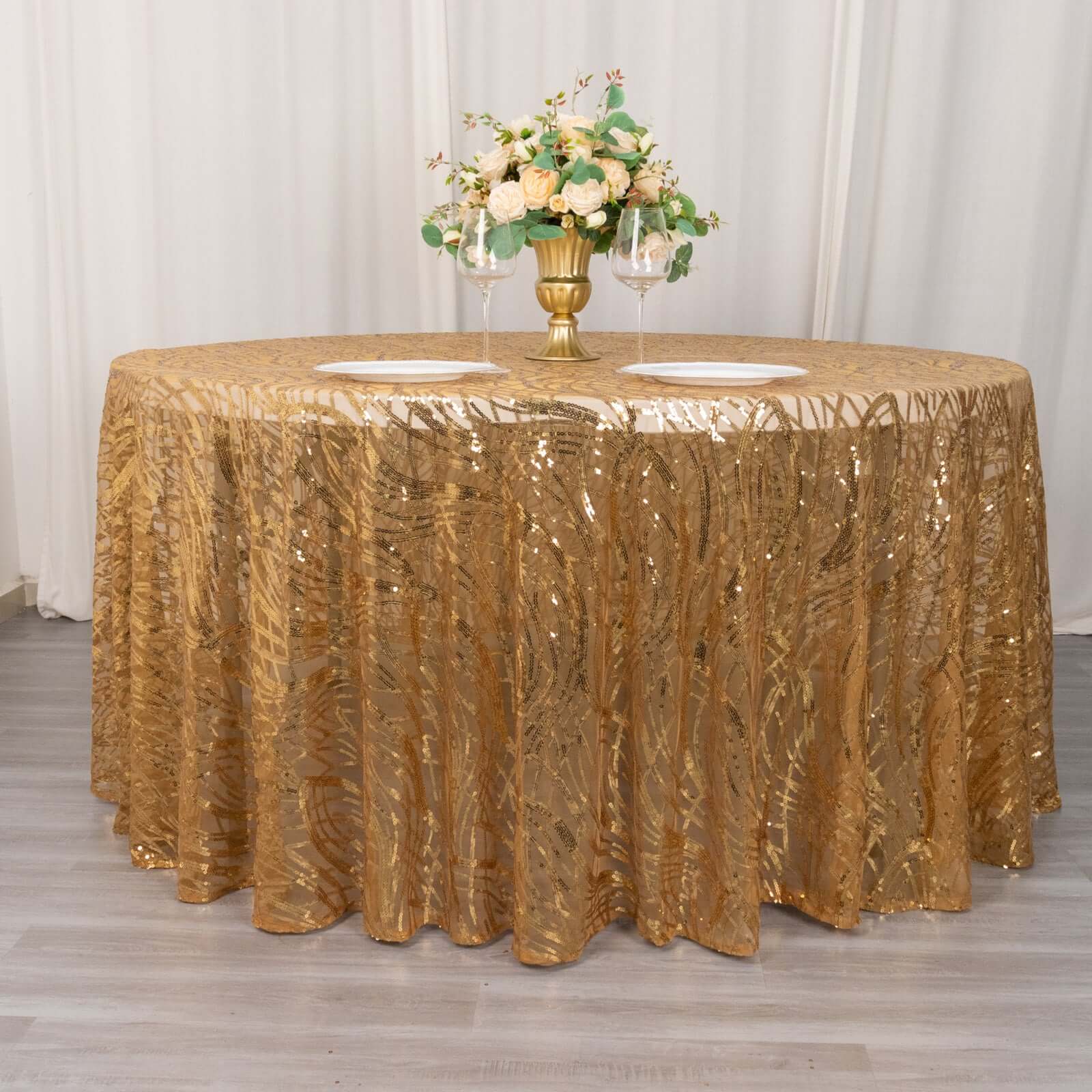 Sequin Mesh 120 Round Tablecloth Gold - Seamless Wave Embroidered Design for Stylish Events