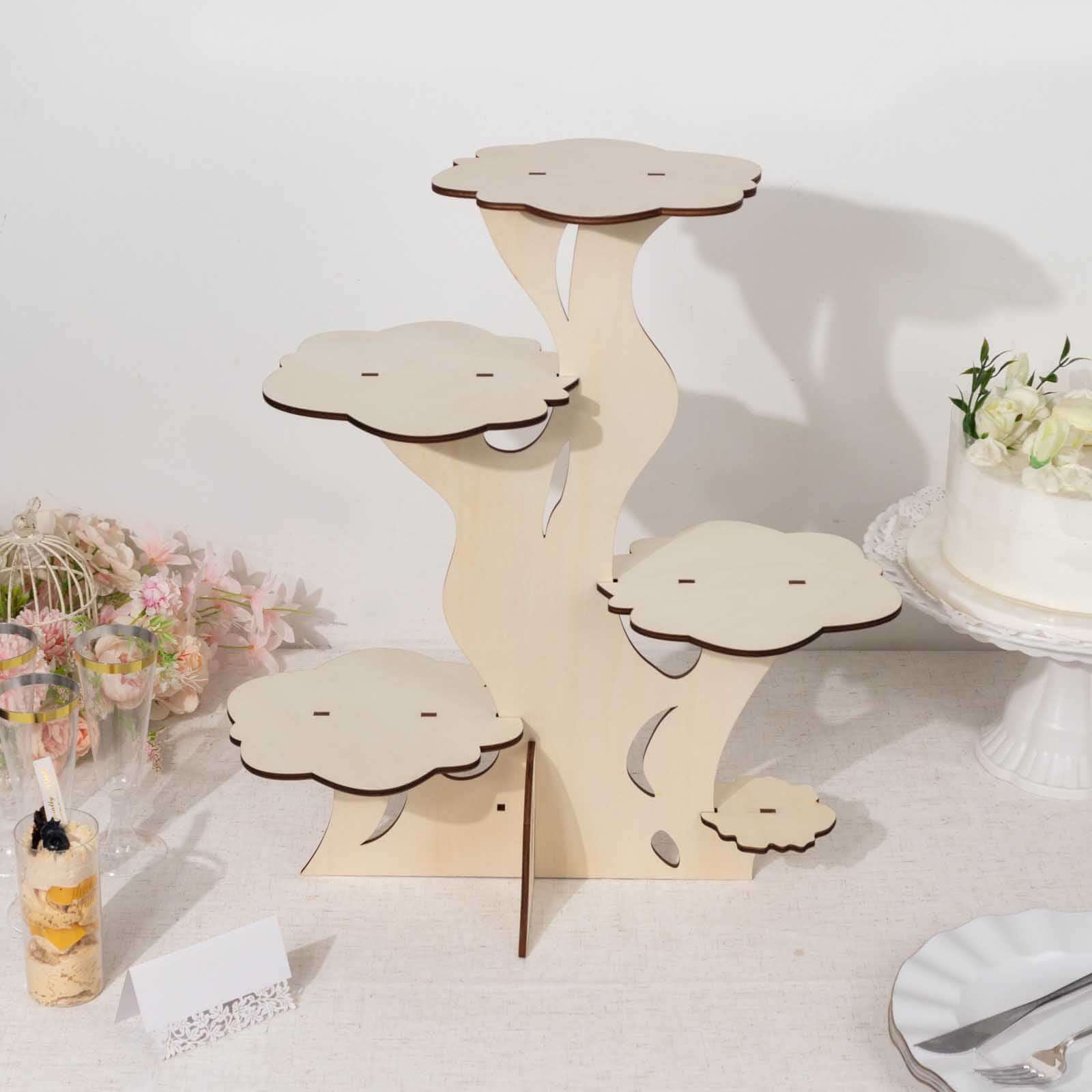 5-Tier Wooden Cake Stand Natural Tree Tower Design with Laser Cut Details - Rustic Cupcake Dessert Display 19 Tall