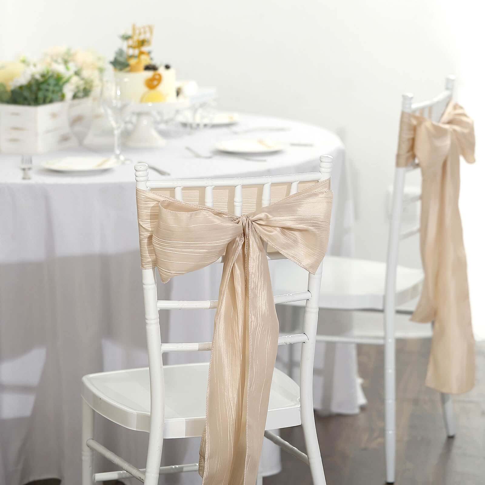 5 Pack Taffeta 6x106 Chair Sashes Beige Accordion Crinkle Texture - Stylish Decor for Weddings & Gatherings