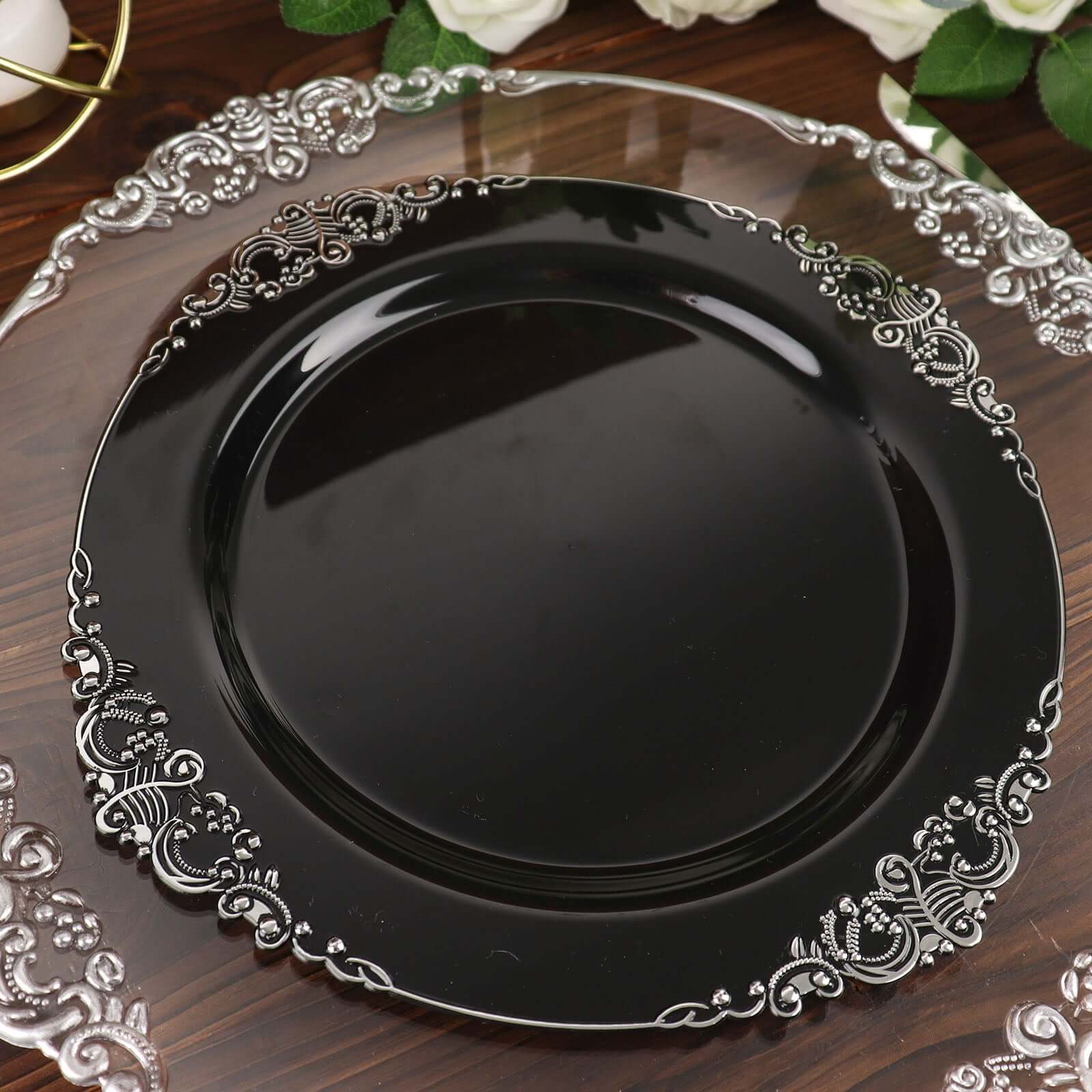 10-Pack Plastic 10 Round Dinner Plates in Black with Silver Leaf Embossed Rim - Disposable Vintage Baroque Style Plates