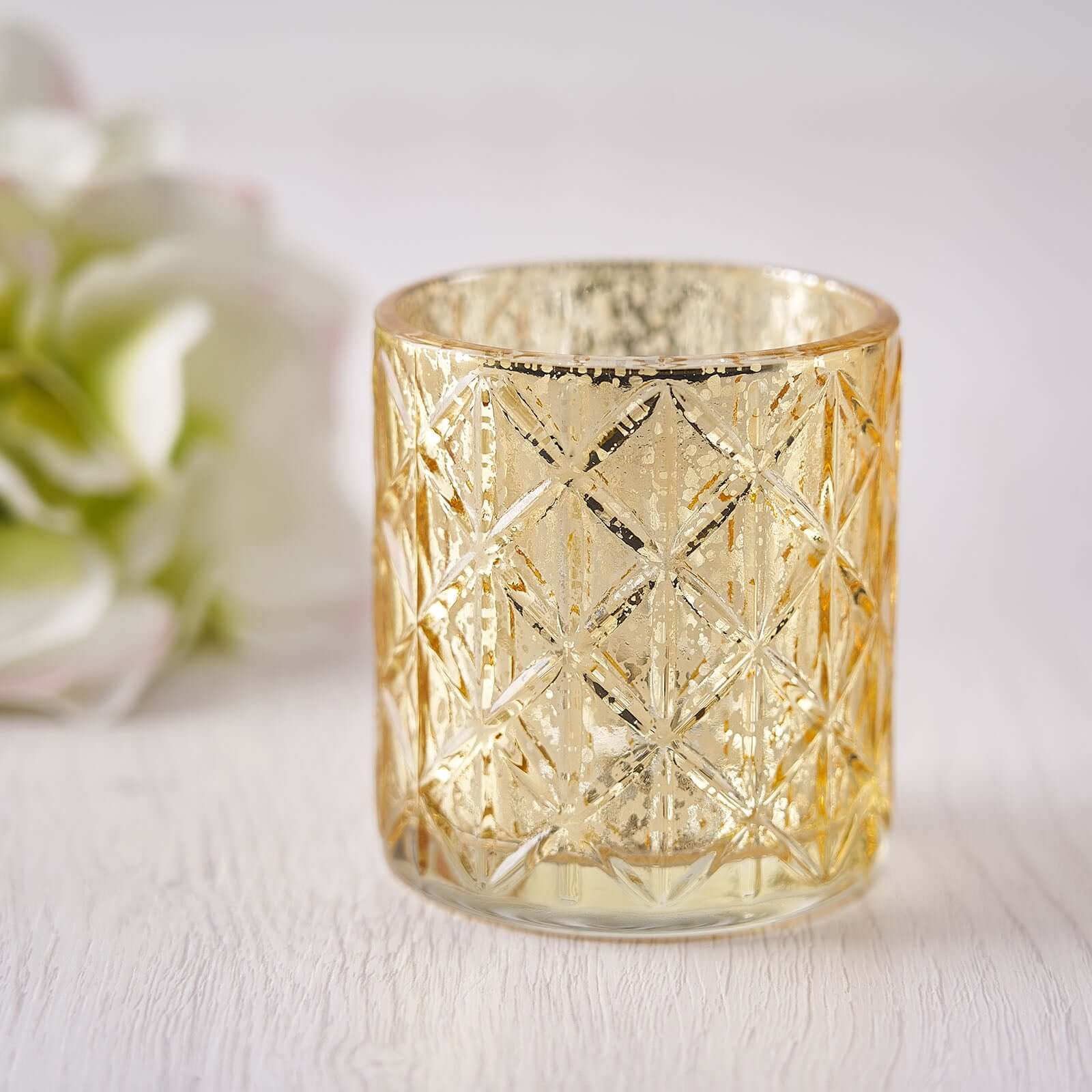 6-Pack Mercury Glass Candle Holders Shiny Gold with Geometric Design - Votive Tealight Holders 3