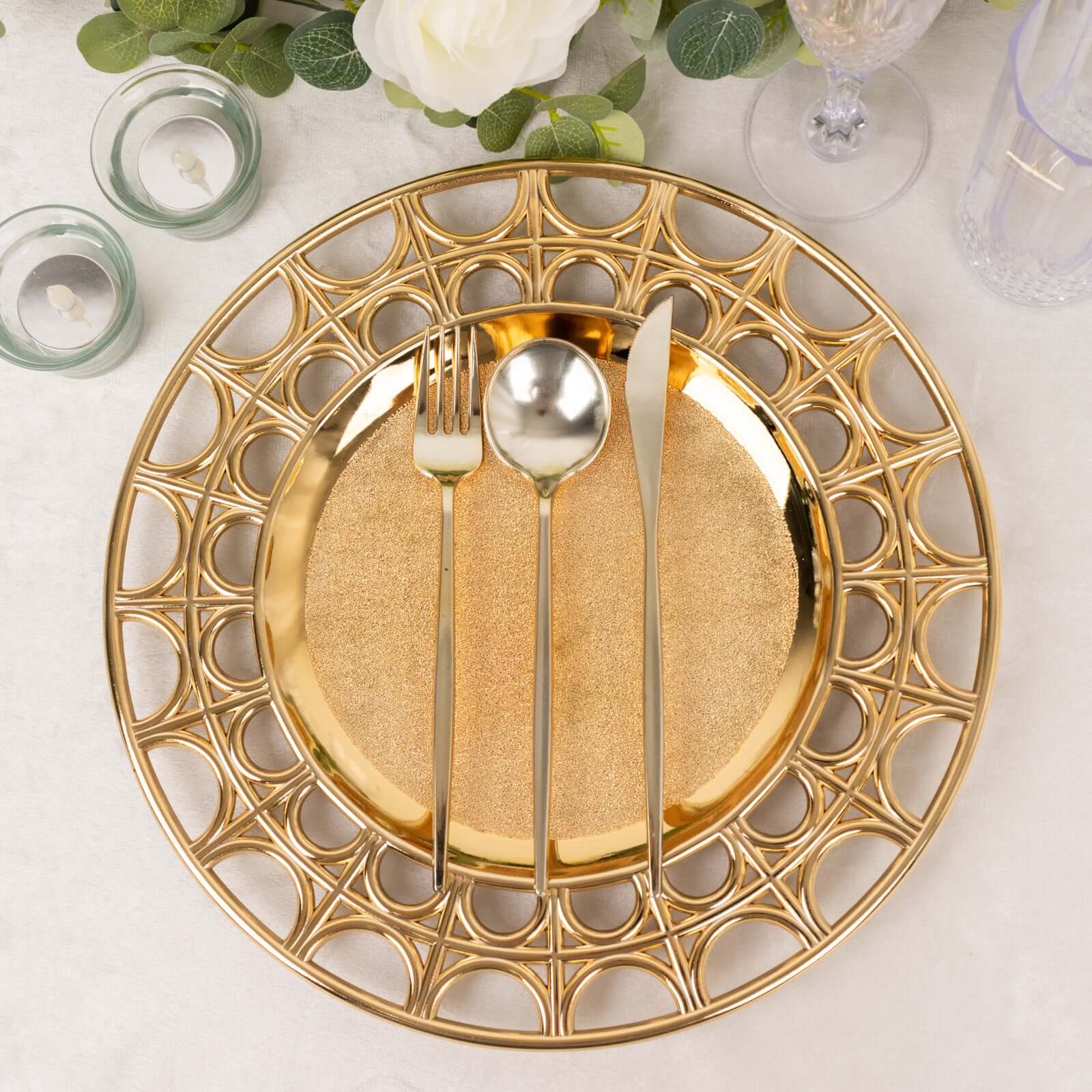 6-Pack Acrylic Round Charger Plates 13 in Metallic Gold with Hollow Semi Circle Rim, Plastic Decorative Charger Tableware