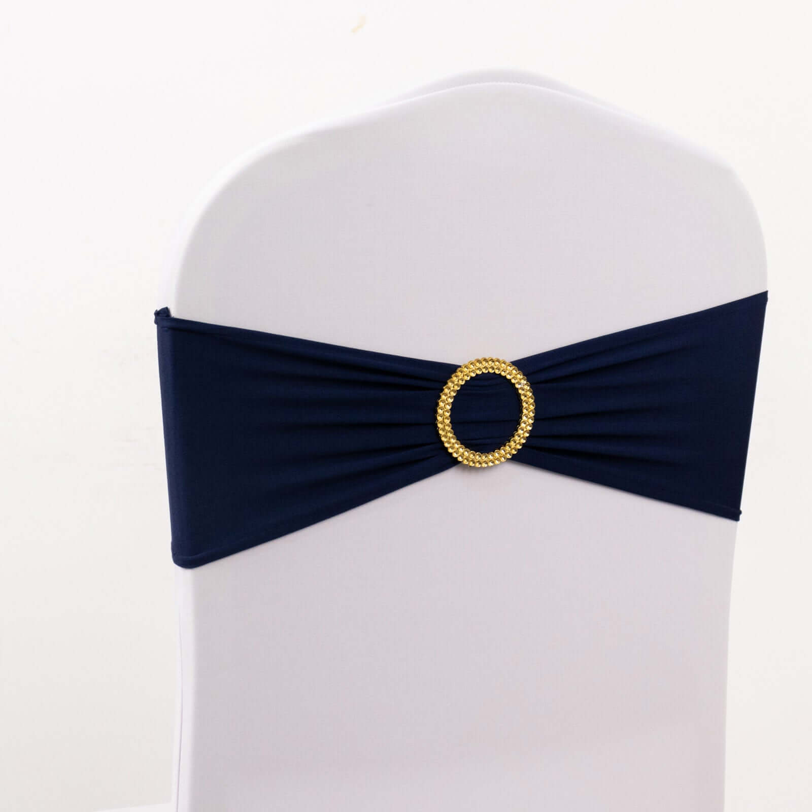 5 Pack Spandex Chair Sashes Navy Blue with Gold Rhinestone Buckles - Reusable Four-Way Stretch Sash Bands 5x14