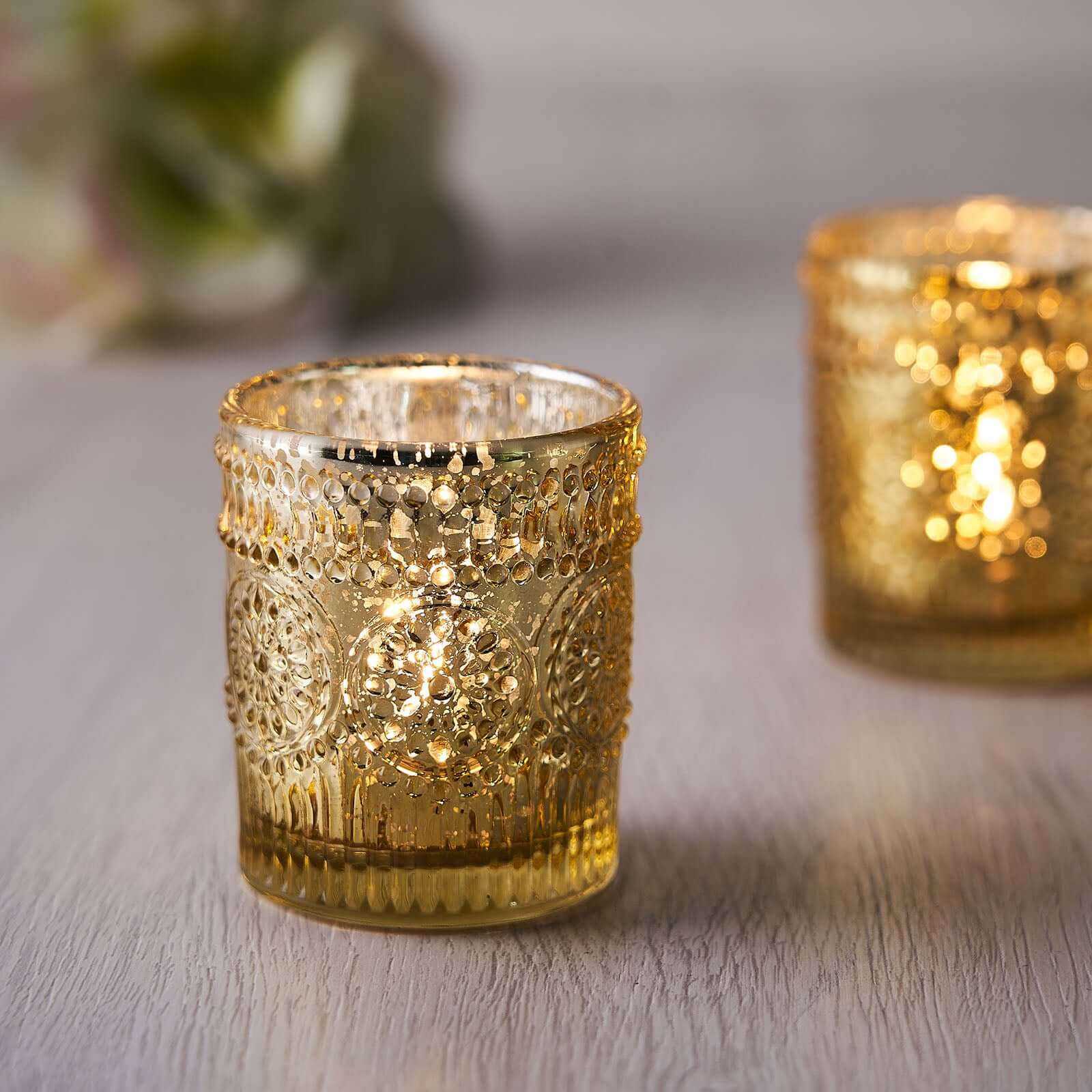 6-Pack Mercury Glass Candle Holders Gold Primrose Design - Votive Tealight Holders for Weddings