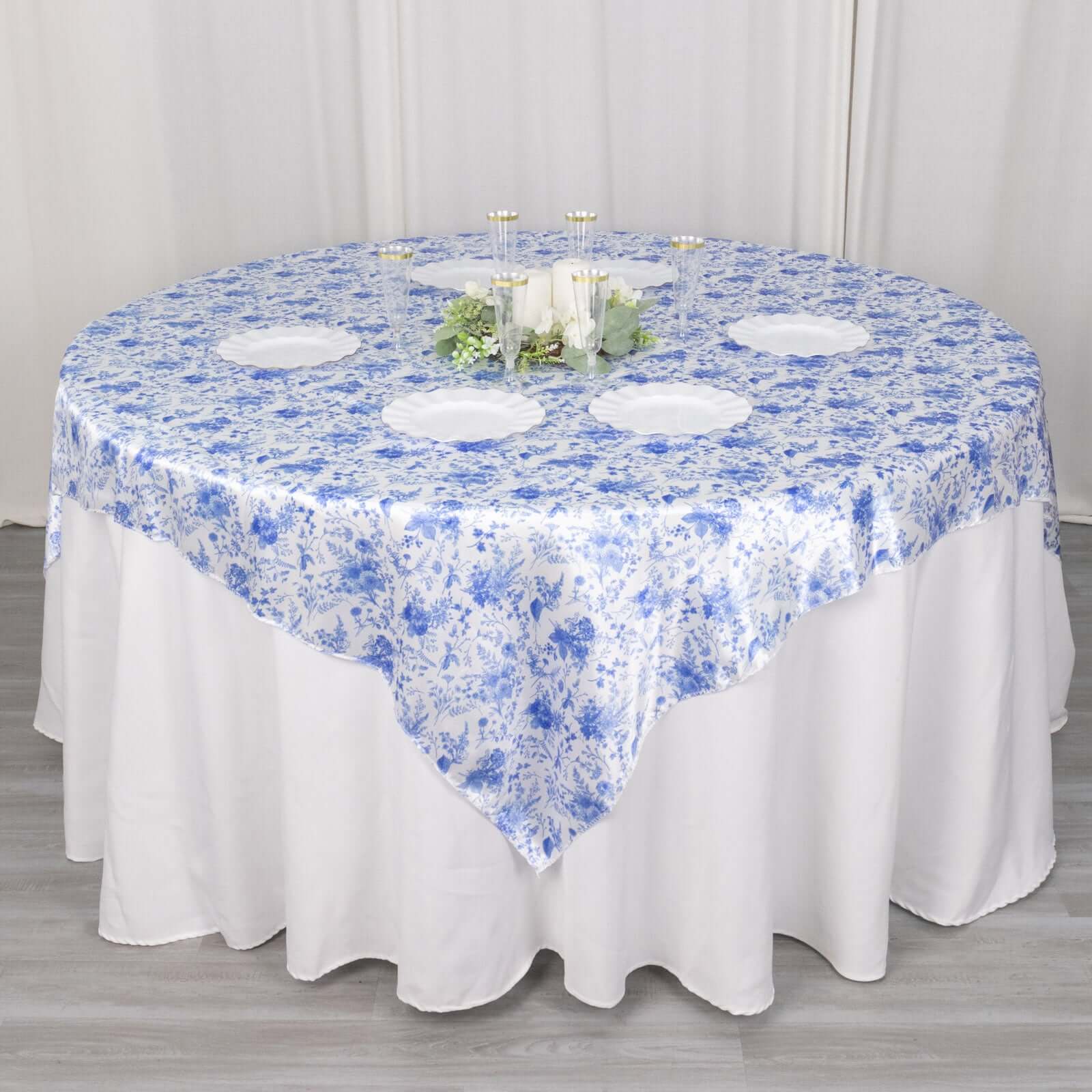 Satin 72x72 Table Overlay Square Tablecloth White Blue - French Toile Floral Design for Stylish Celebrations