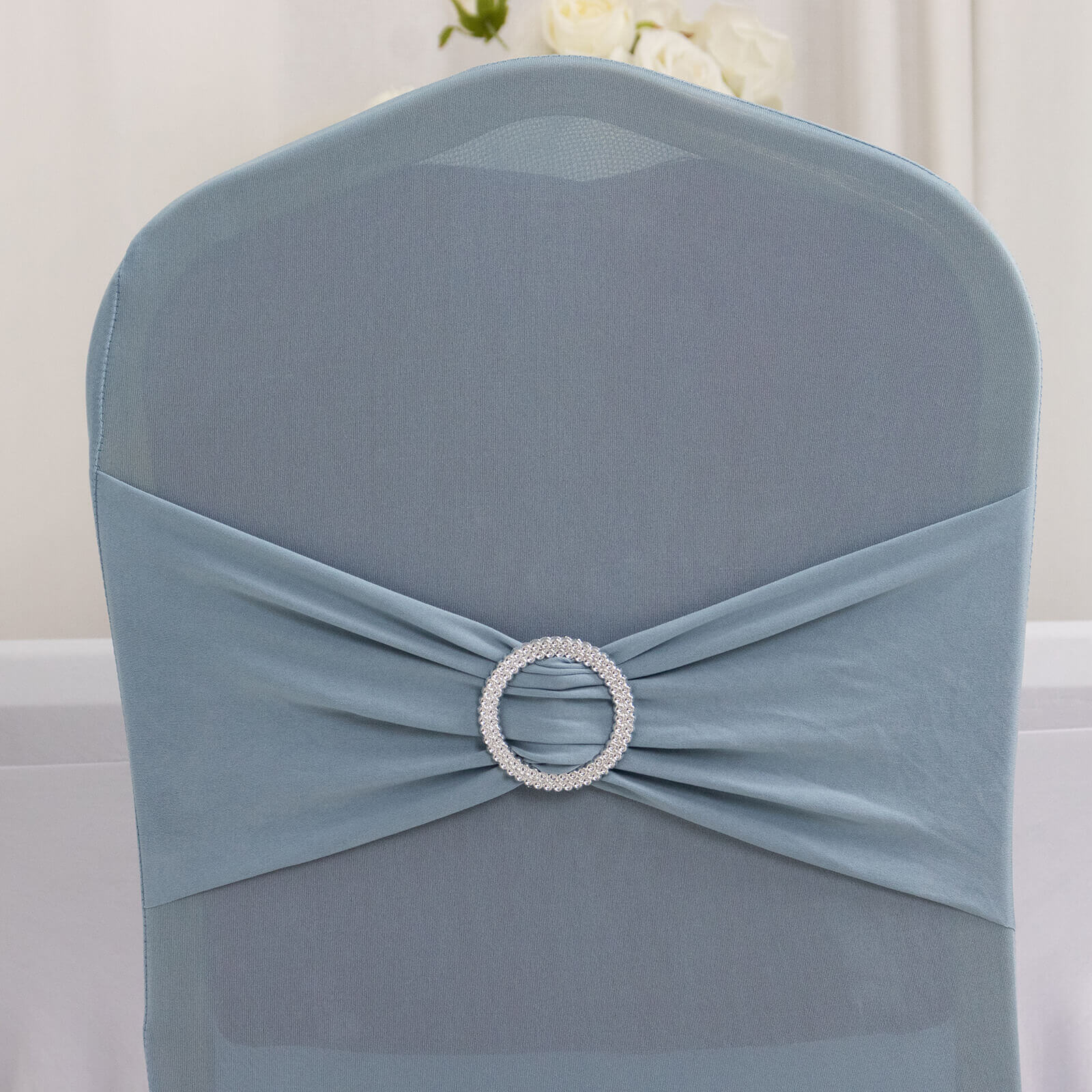 Spandex Chair Cover with Dusty Blue Rhinestone Buckled Sash Band Blush - Stretch Fitted Slipcover