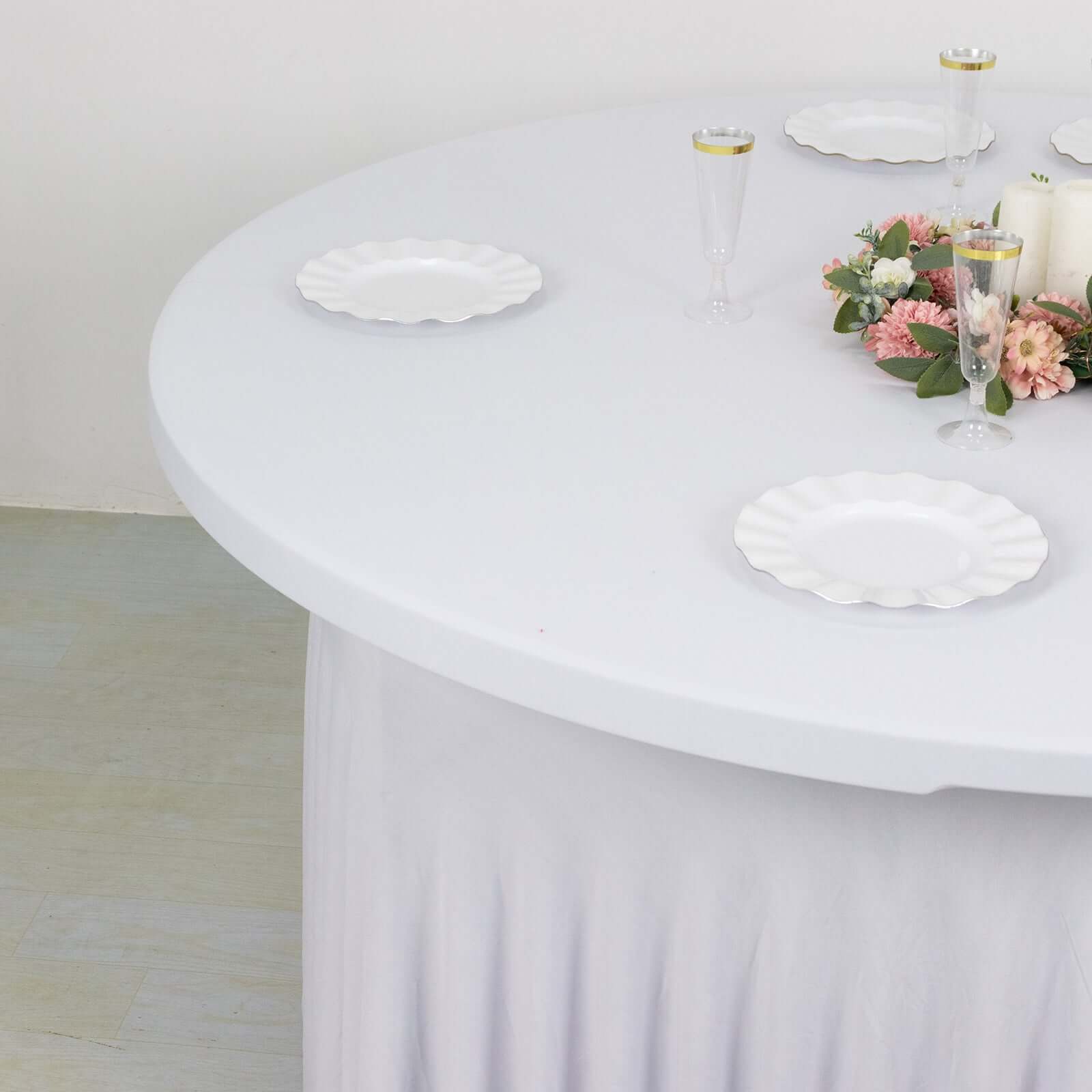 Spandex Round 6ft Table Skirt White with Wavy Skirt-Like Effect Stylish Table Cover for Weddings, Banquets & Trade Shows