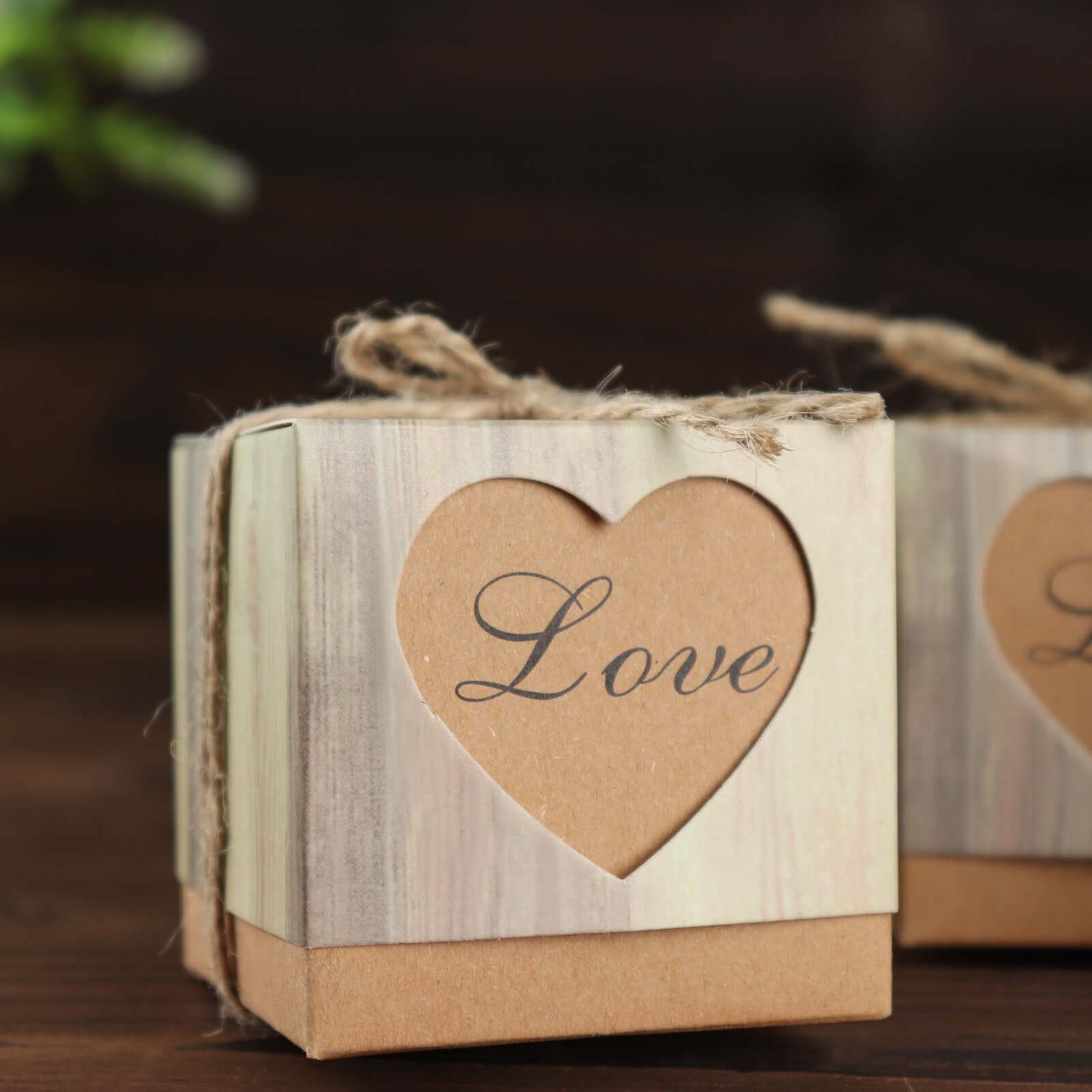 25 Pack 2.5 Rustic Wood Pattern Natural Brown Paper Candy Gift Boxes, Square Party Favor Boxes with Burlap Jute Twine and Love Heart Cut Out