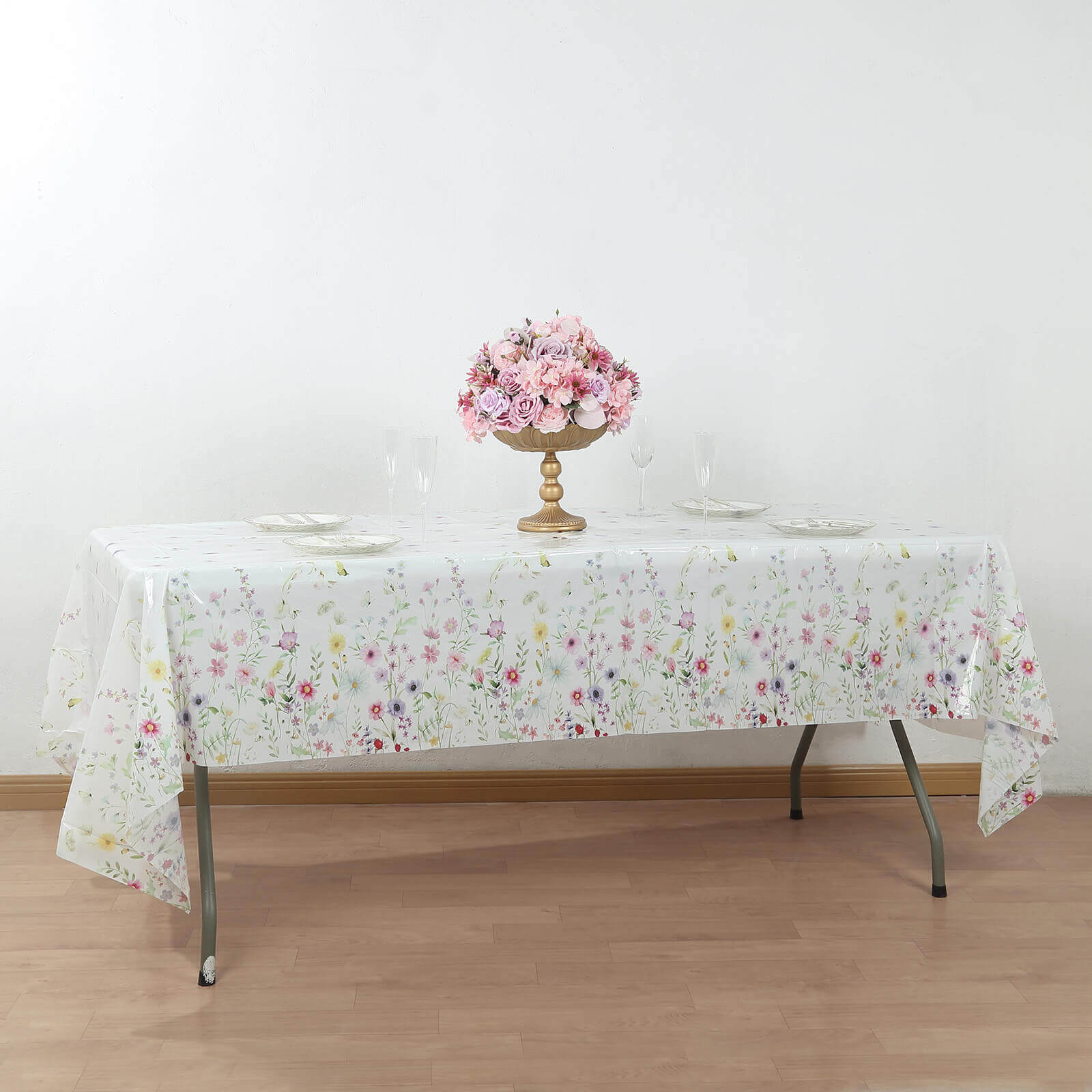 5-Pack Plastic Tablecloths White/Green Spring Floral Rectangle with Wild Flowers Butterfly Print - Durable PVC Disposable Table Covers 54x108