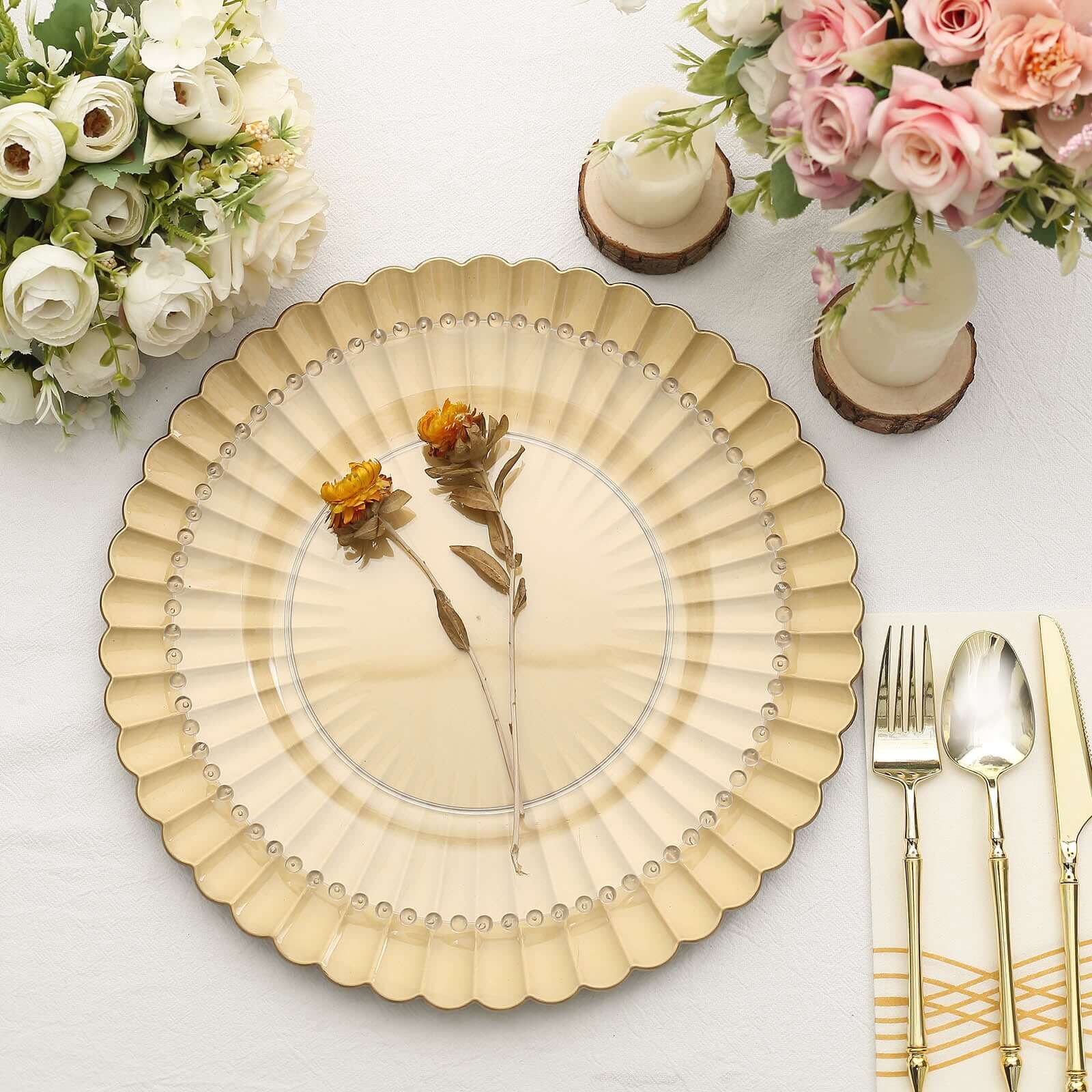 6-Pack Plastic Round Charger Plates 13 in Gold with Scalloped Shell Pattern, Coastal Inspired Disposable Charger Tableware