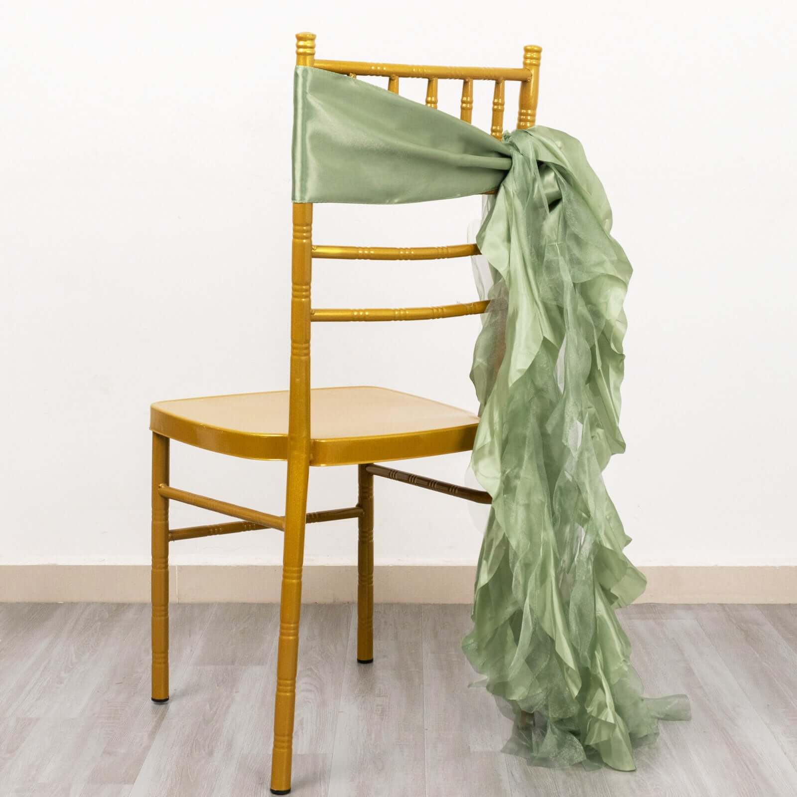 5 Pack Chiffon Satin Chair Sashes Sage Green - Easy to Install Ruffled Curly Willow