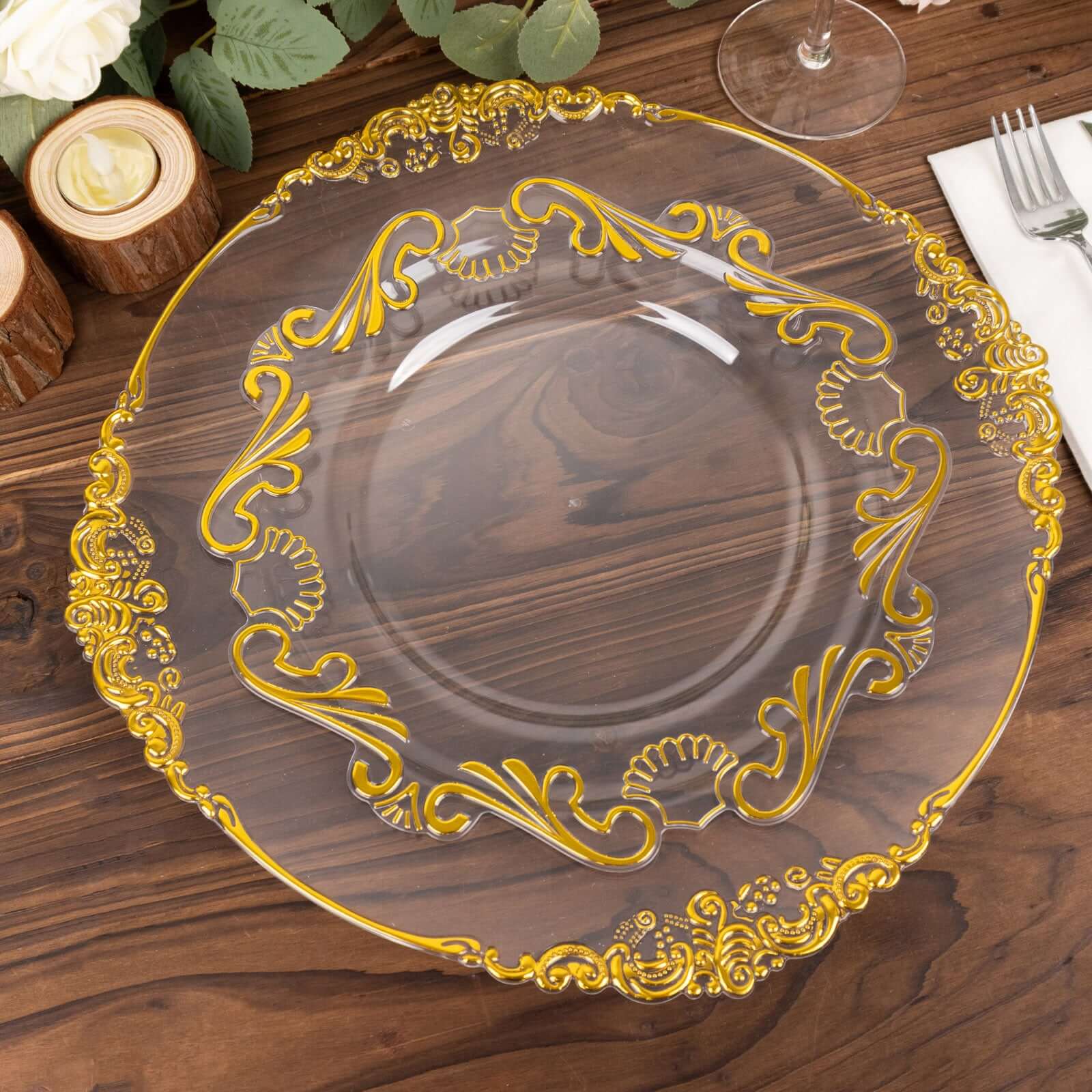10-Pack Plastic 10 Round Dinner Plates in Clear with Gold Vintage Baroque Scalloped Rim - European Style Disposable Party Plates