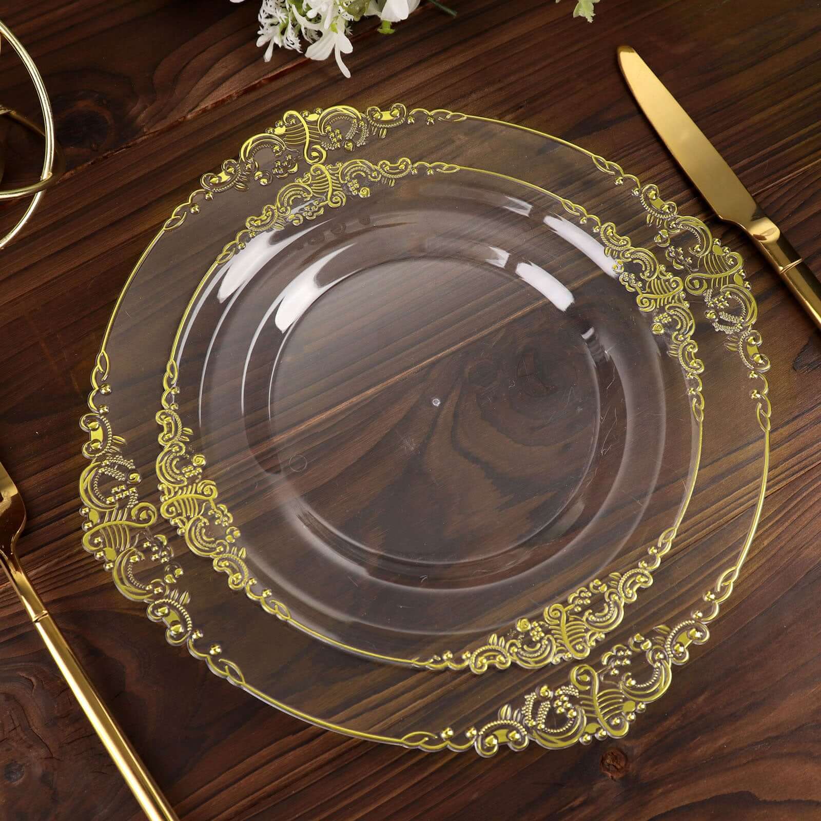 10-Pack Plastic 8 Round Dessert Plates in Clear with Gold Leaf Embossed Rim - Disposable Vintage Baroque Style Salad Plates