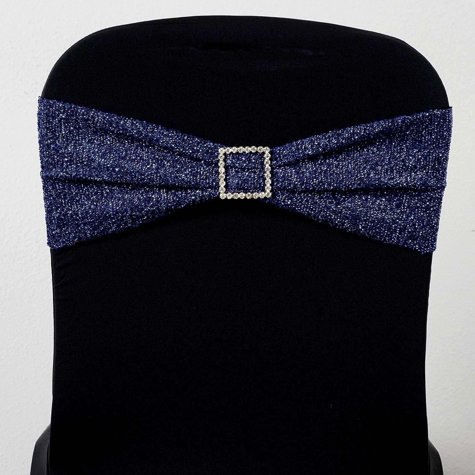 5 Pack Metallic Shimmer Tinsel Spandex Chair Sashes Navy Blue - Durable and Reusable Stretch Chair Bands