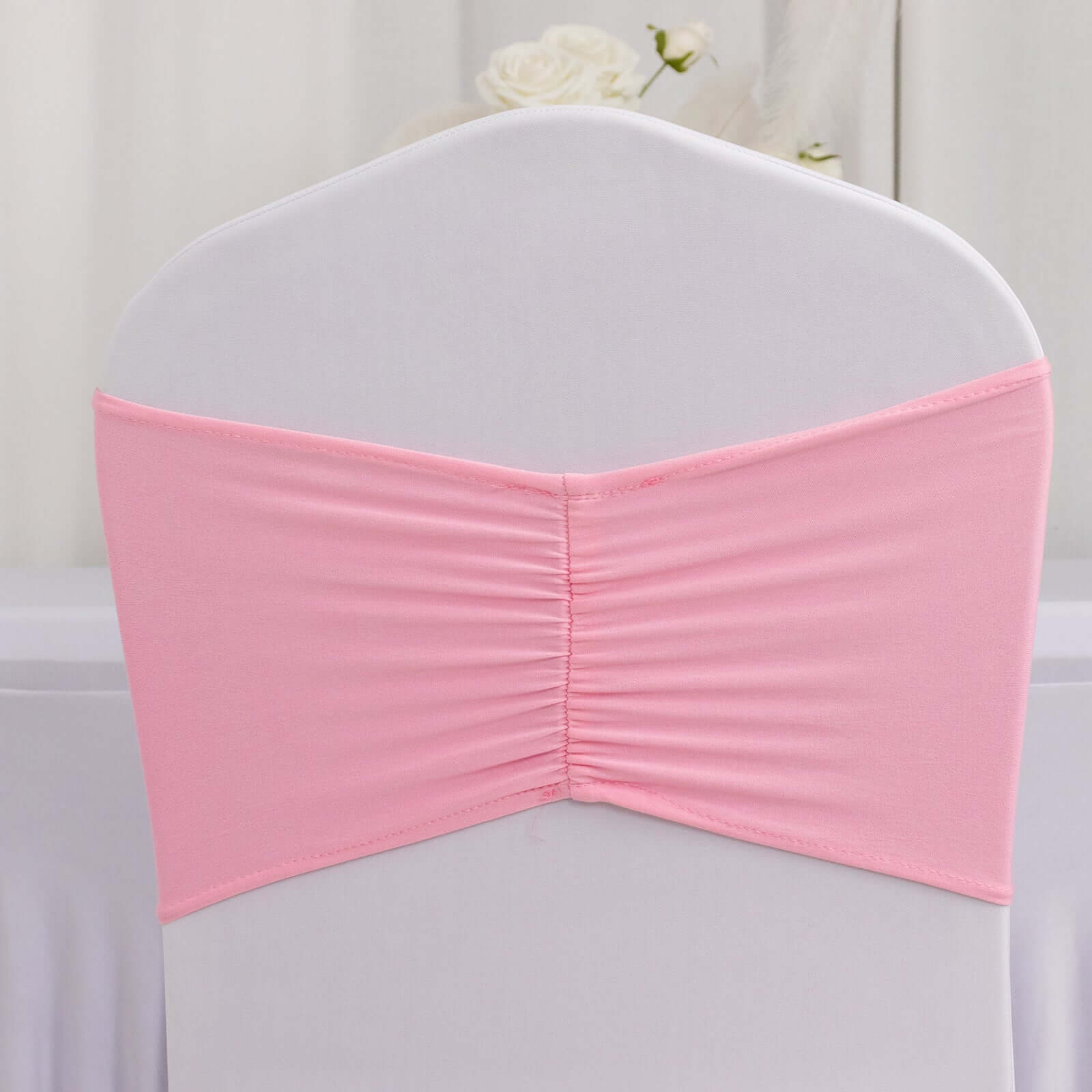 5 Pack Spandex Chair Sashes Pink Ruffled Style - Wide Easy to Use Stretch Chair Bands 8x13