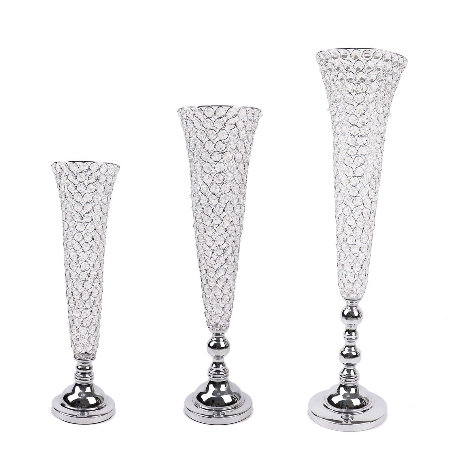 2-Pack Crystal Beaded Trumpet Vase Set Silver - Table Centerpiece for Grand Occasions 40