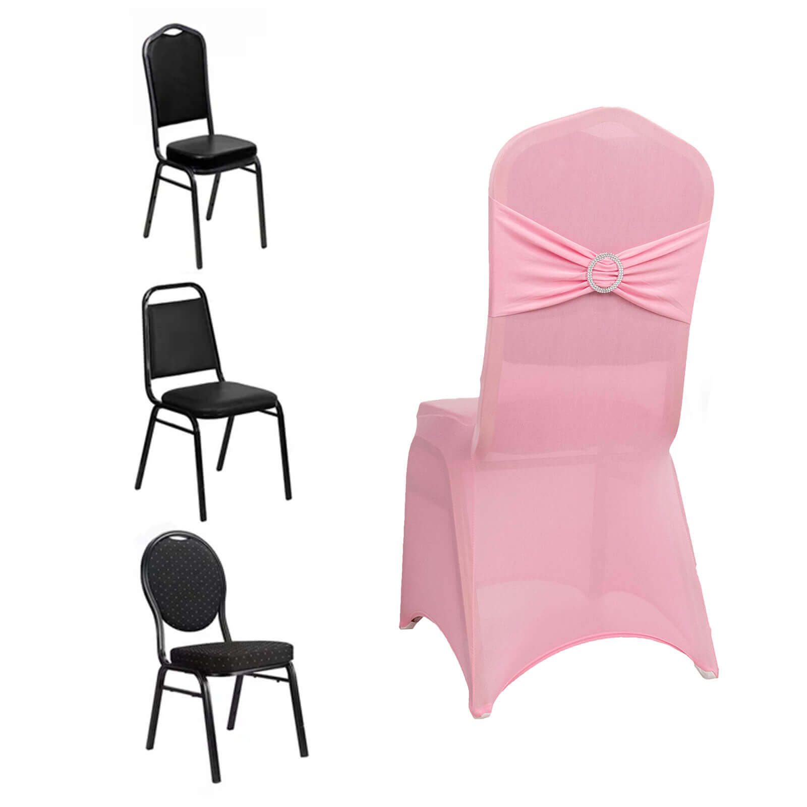 Spandex Chair Cover with Pink Rhinestone Buckled Sash Band Blush - Stretch Fitted Slipcover