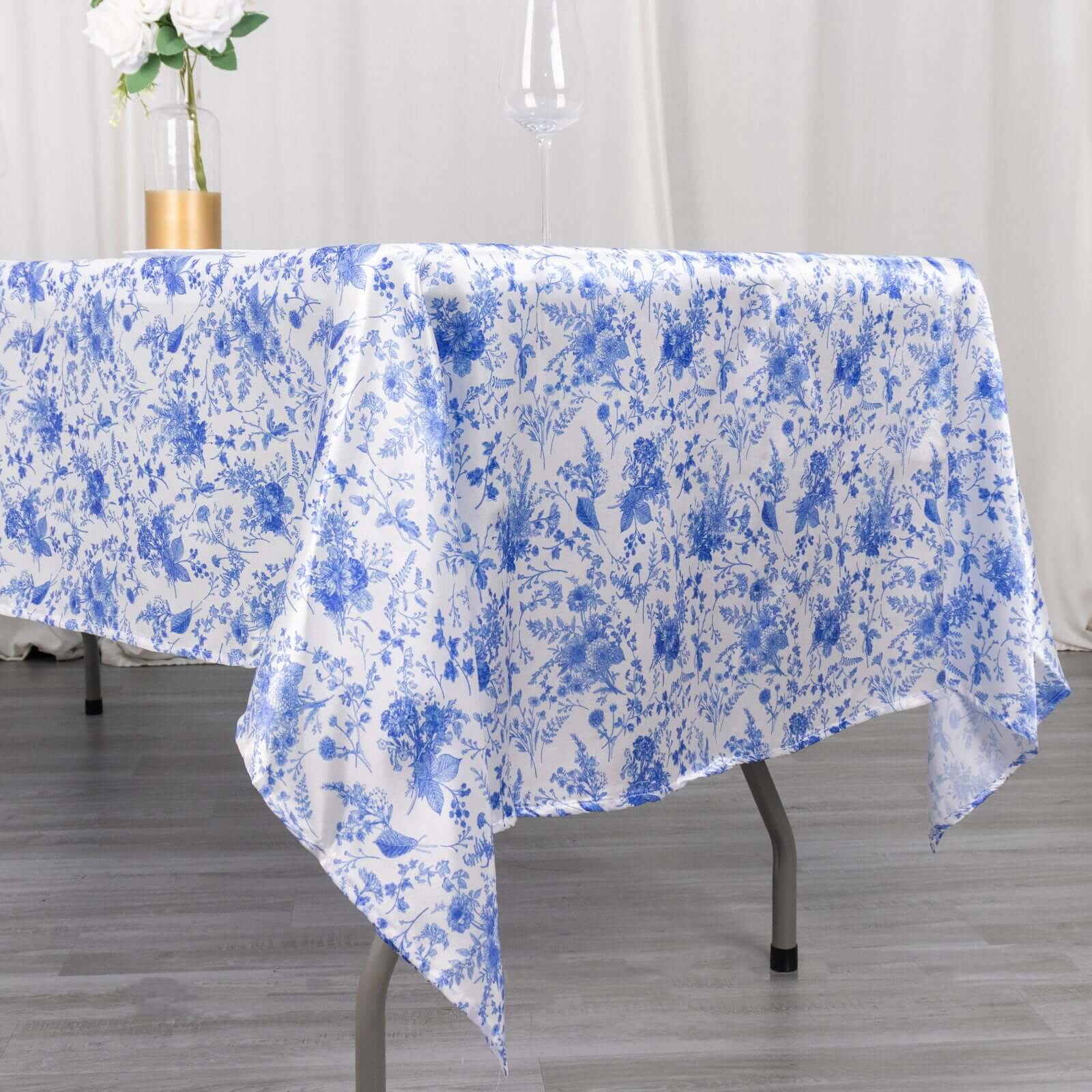 Satin Round 60x102 Tablecloth White/Blue French Toile Design - Stylish & Wrinkle-Resistant Table Cover