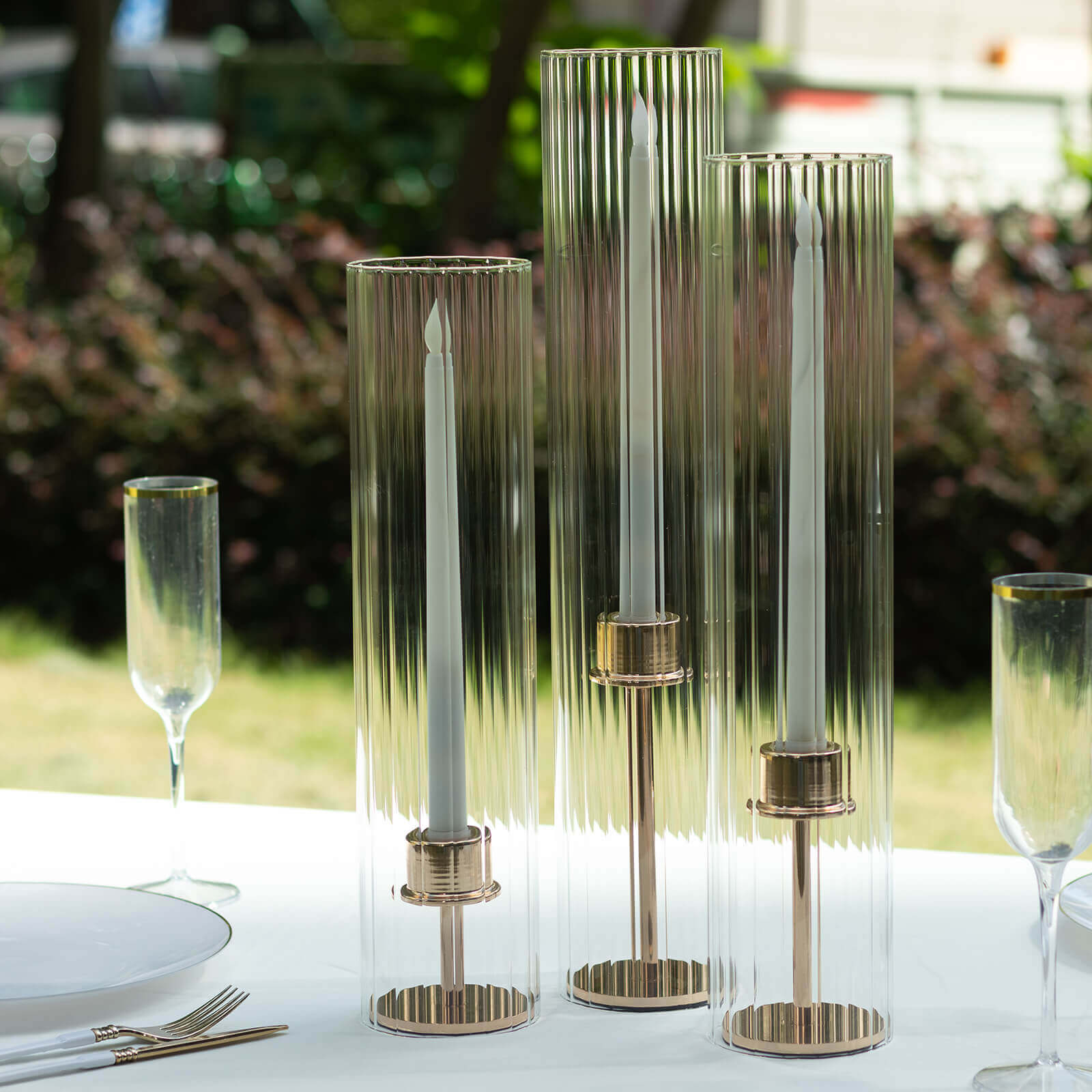 Set of 3 Clear Ribbed Glass Hurricane Shades Open End Design - Stylish Candelabra Pillar Candle Holder Table Centerpiece 15, 17, 19