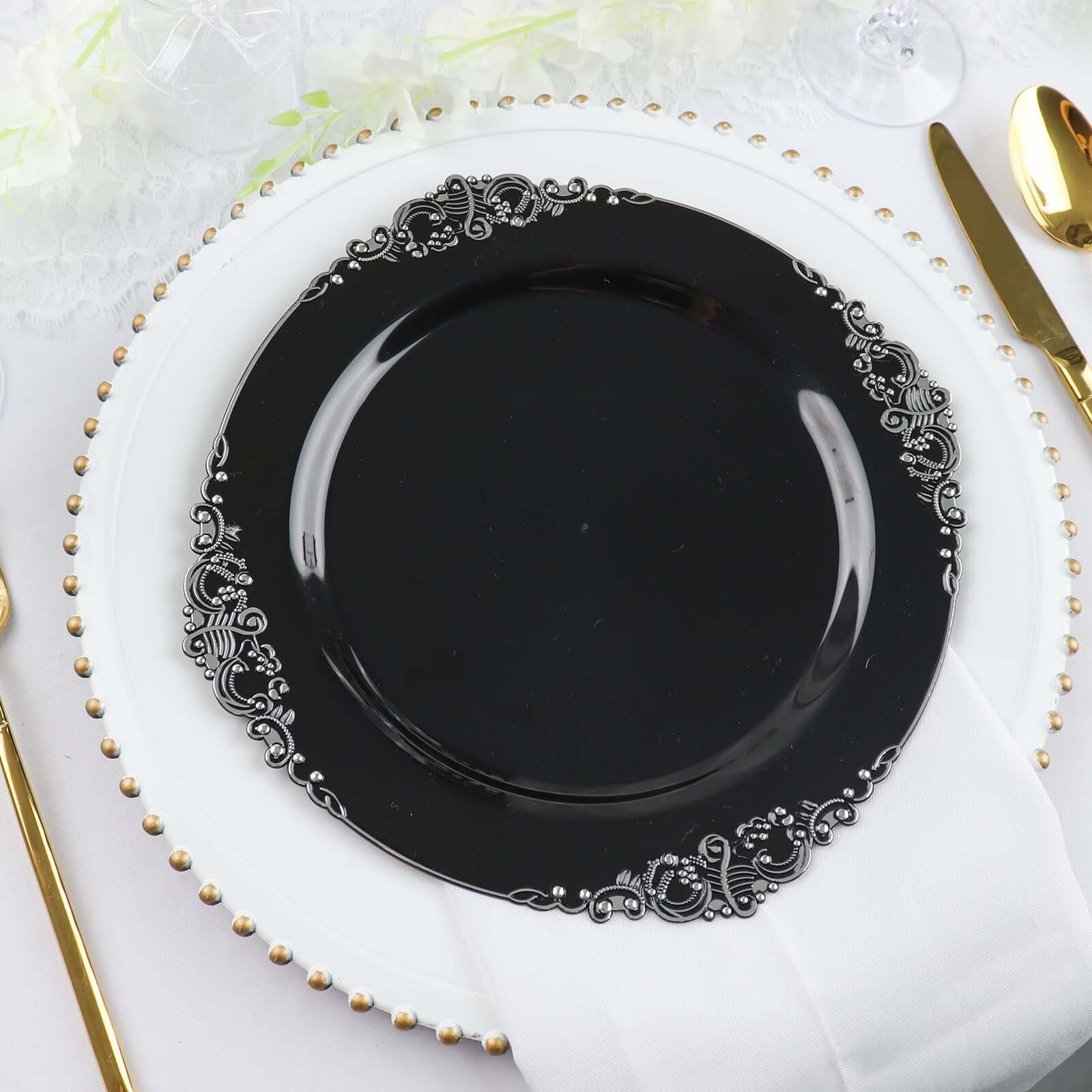 10-Pack Plastic 10 Round Dinner Plates in Black with Silver Leaf Embossed Rim - Disposable Vintage Baroque Style Plates