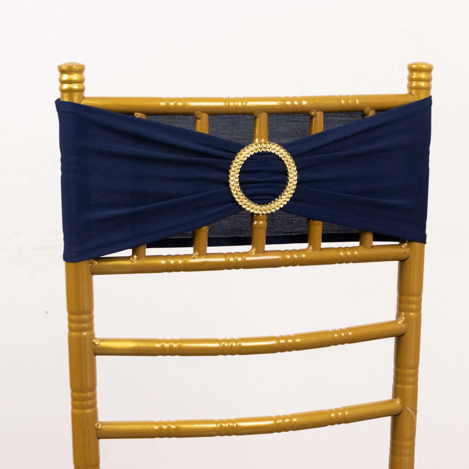 5 Pack Spandex Chair Sashes Navy Blue with Gold Rhinestone Buckles - Reusable Four-Way Stretch Sash Bands 5x14