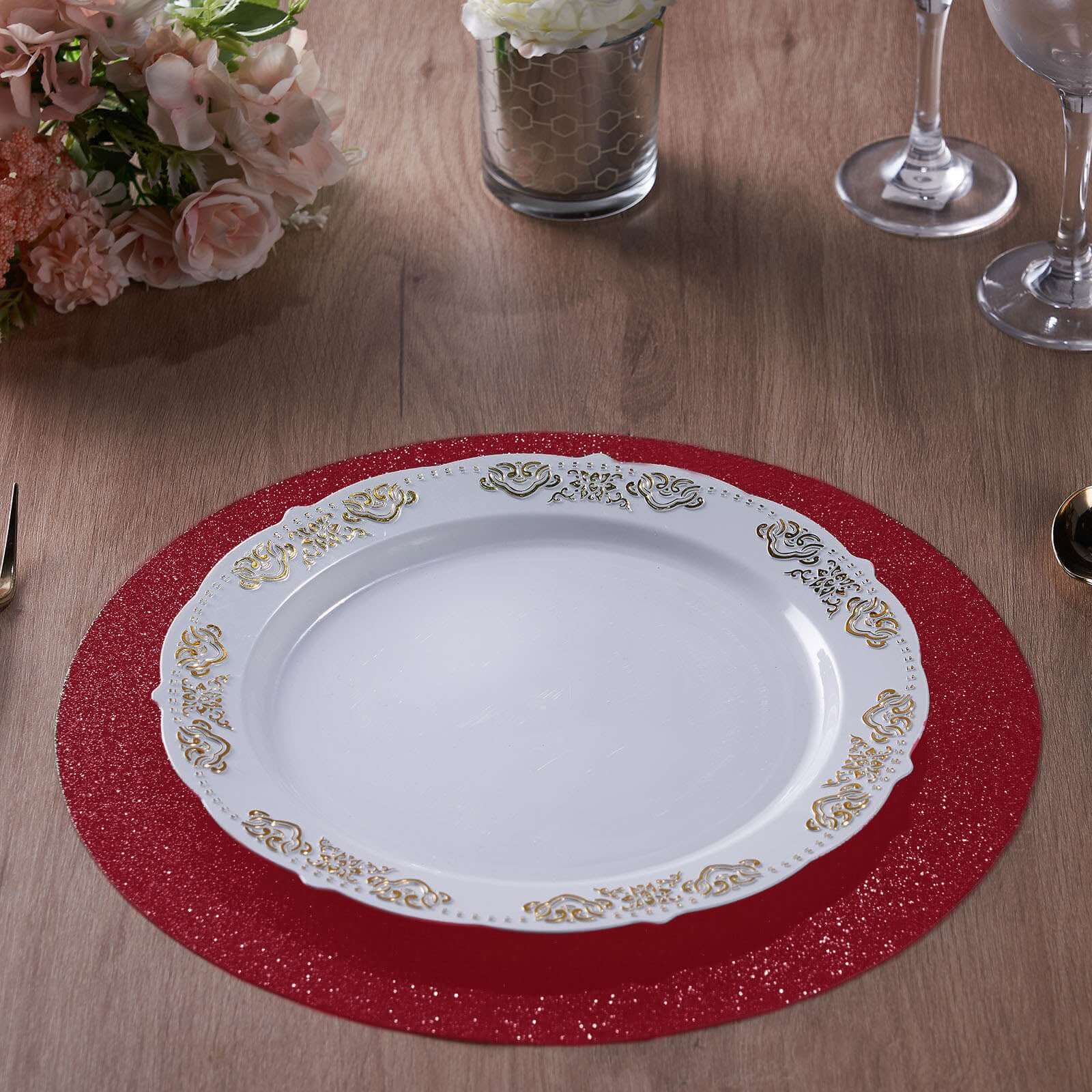 6-Pack Placemats Glitter Design Burgundy Sparkle Round - Non-Slip Decorative Dining Table Mats 13