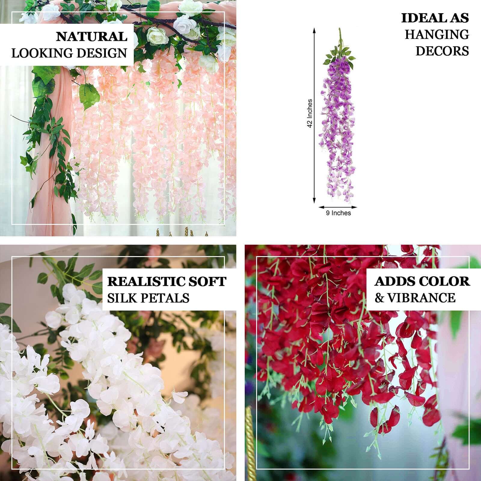 42 Silk Hanging Wisteria Flower Garland Vines in White, Elaborated 5 Full Strands in 1 Bush