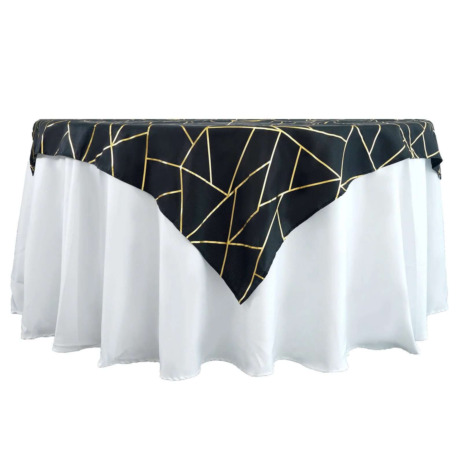 Polyester 54x54 Table Overlay Square Tablecloth Black with Gold Foil Geometric Pattern - Wrinkle-Resistant & Durable Table Topper