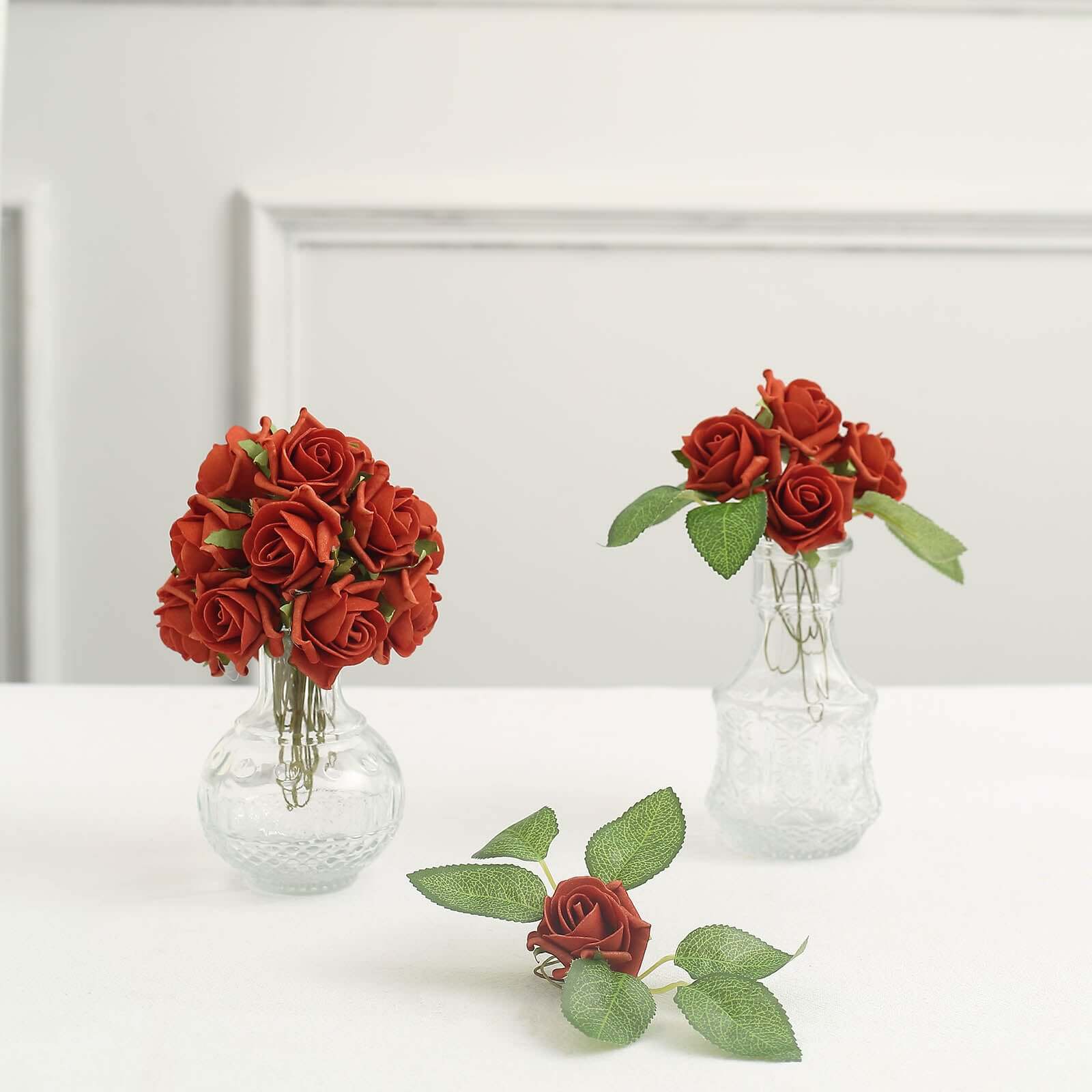 24 Roses 2 Terracotta (Rust) Artificial Foam Flowers With Stem Wire and Leaves