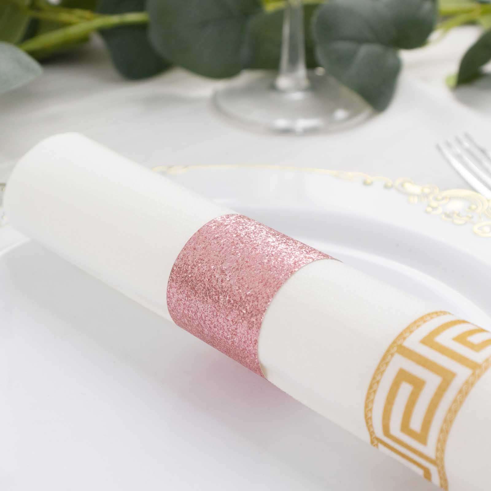 50-Pack Paper Napkin Rings Rose Gold Glitter - Stylish Disposable Napkin Holders 1.5