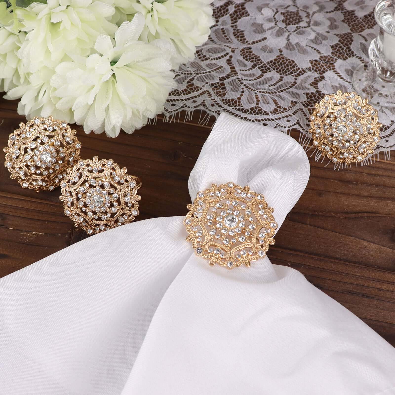 4 Pack Diamond Rhinestone Gold Metal Flower Napkin Rings, Decorative Napkin Buckle Holders