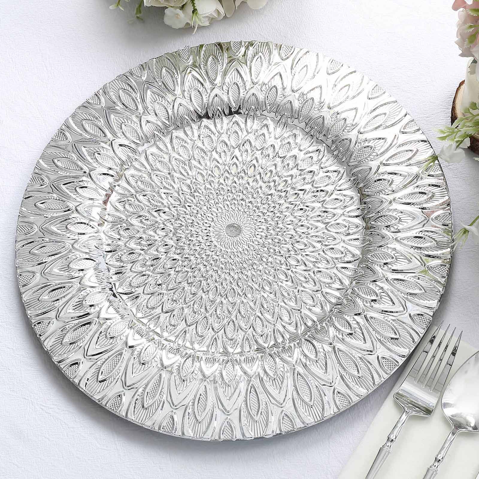 6-Pack Plastic Round Charger Plates 13 in Silver with Embossed Peacock Pattern, Stylish Disposable Charger Tableware