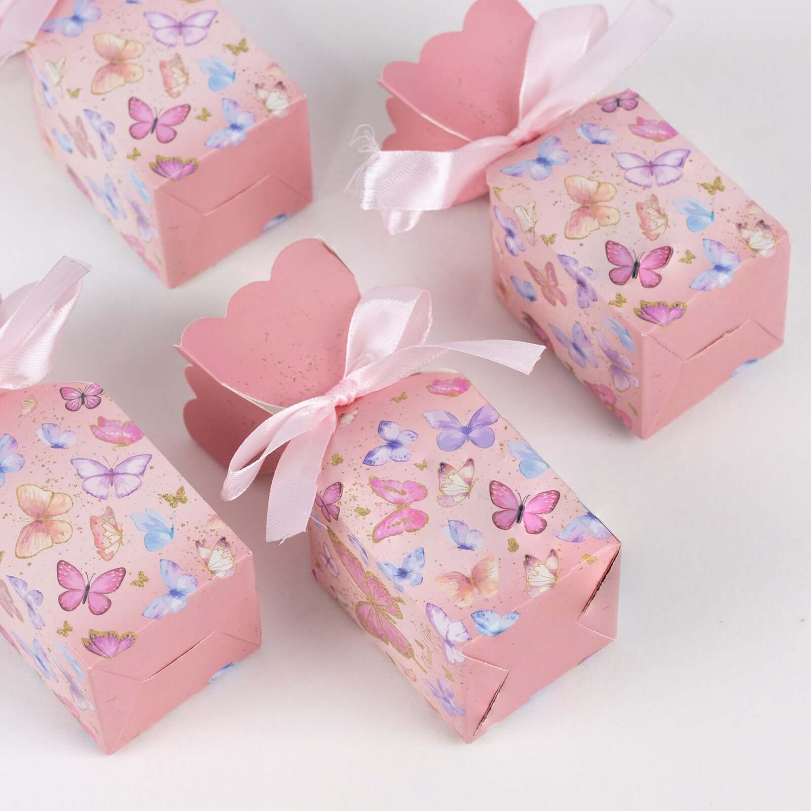 25 Pack Pink Floral Top Candy Gift Boxes With Butterfly Print, Cardstock Paper Party Favor Boxes With Satin Ribbons - 2x5