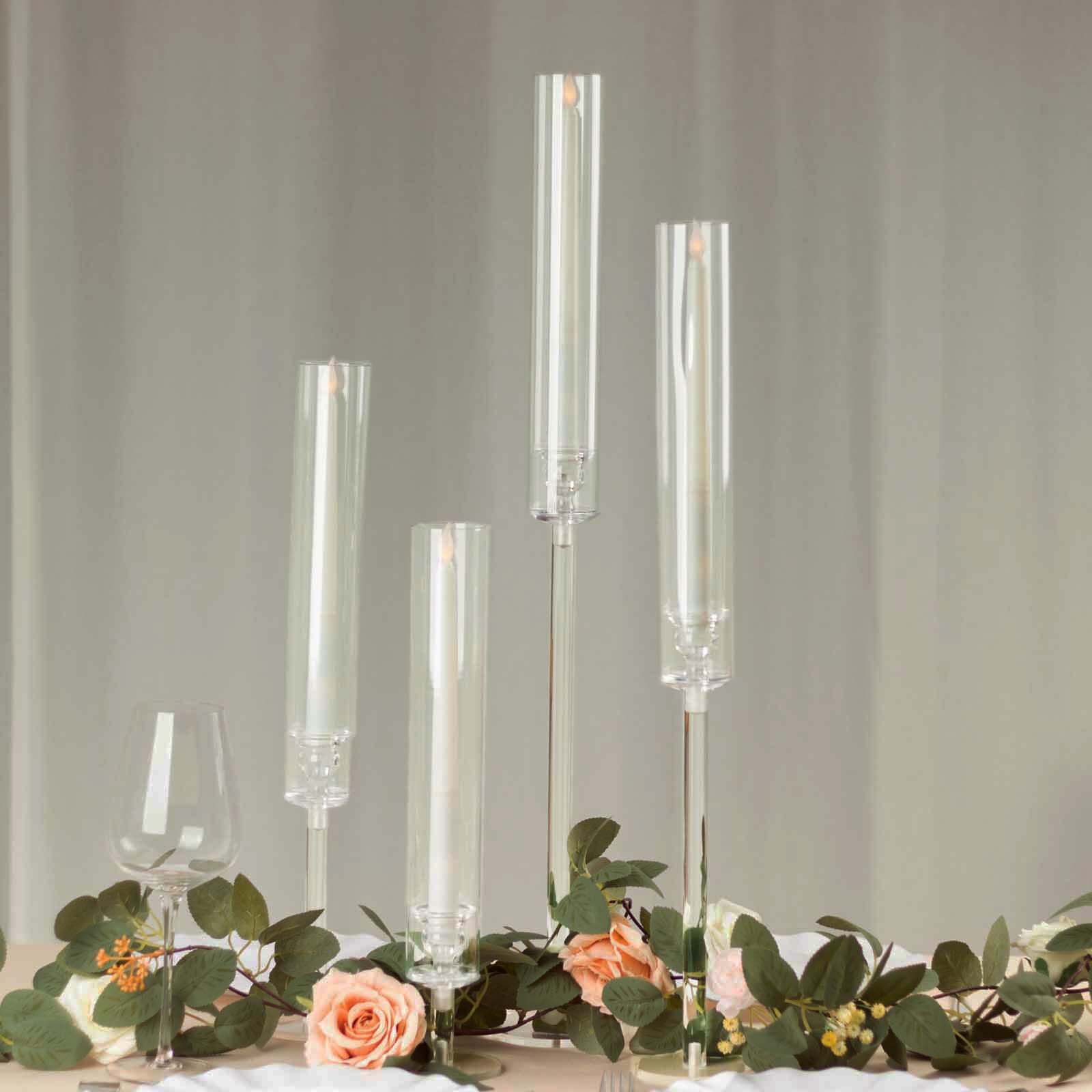 Set of 4 Acrylic Taper Candlestick Holders, Clear Tall Chimney Tube Candle Shades Hurricane Candle Stands 14, 18, 22, 26