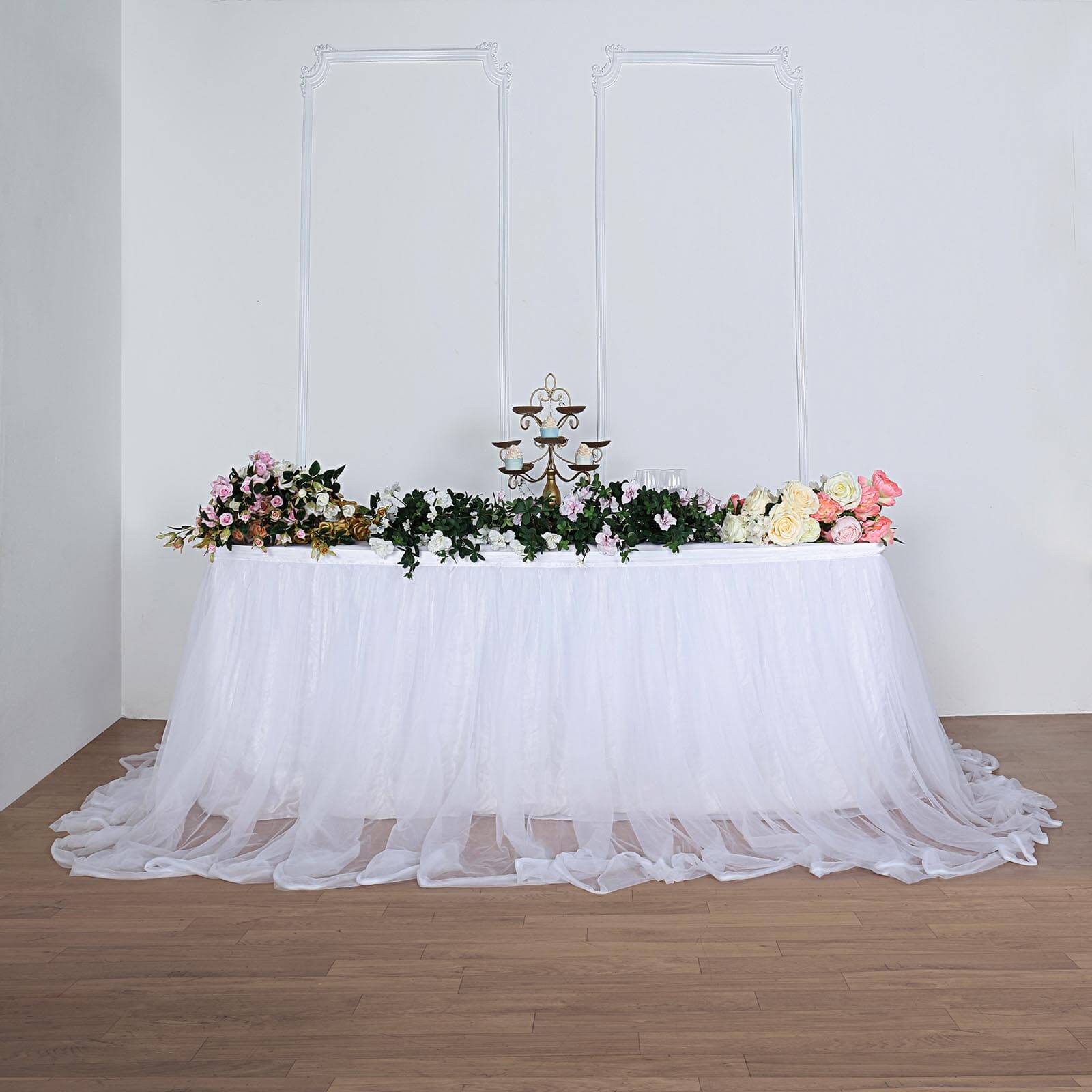 Extra Long Tulle 14ft Table Skirt White with Satin Edge - Table Cover for Baby Showers & Events