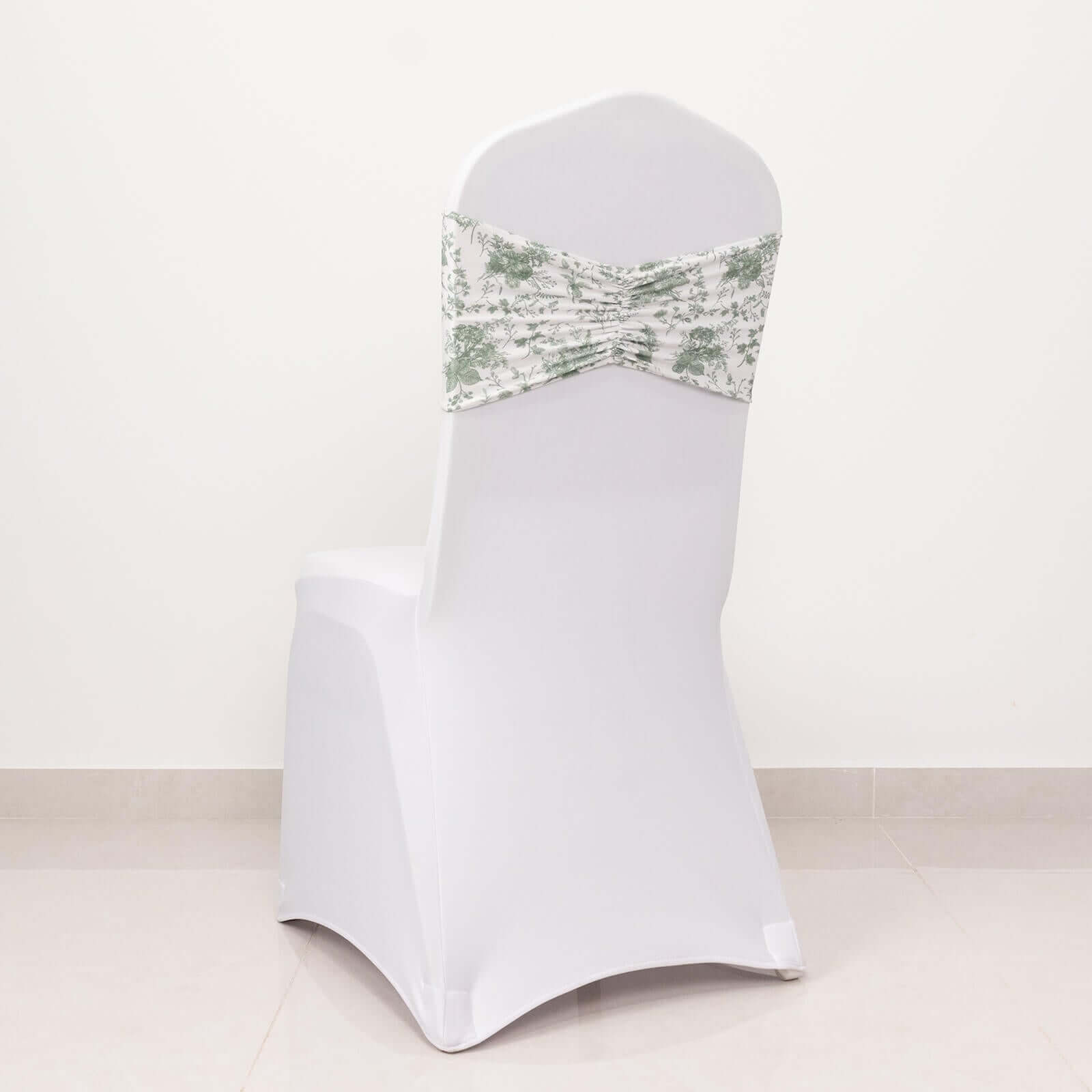 5 Pack Spandex Chair Sashes White/Dusty Sage Green French Toile Floral Pattern - Wide Wrinkle-Free Stretchable Chair Bands 8x13