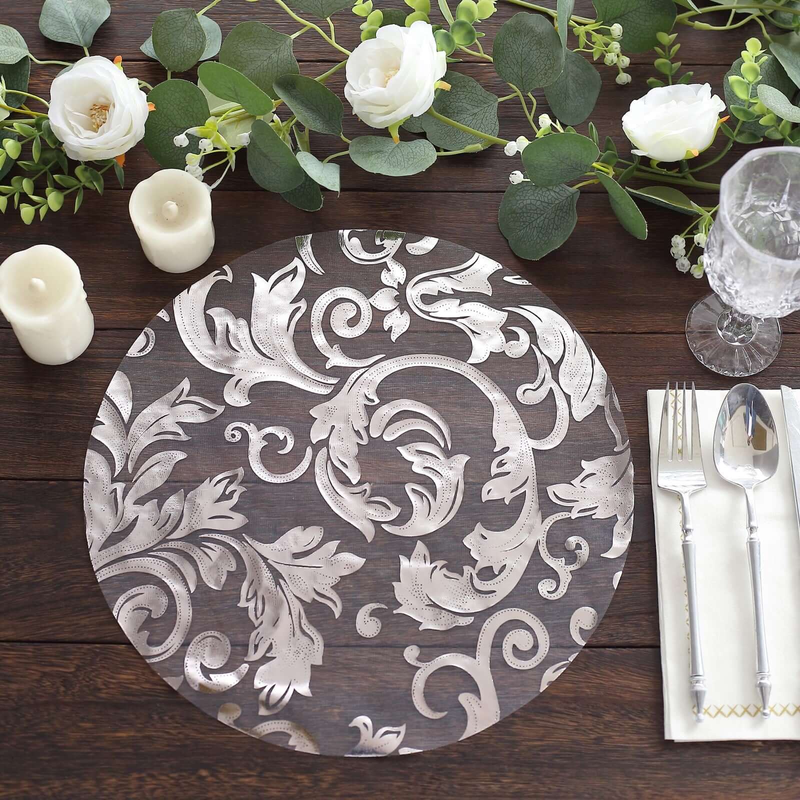 10-Pack Table Placemats Swirl Foil Floral Design Metallic Silver Round - Sheer Organza Disposable Mats 13