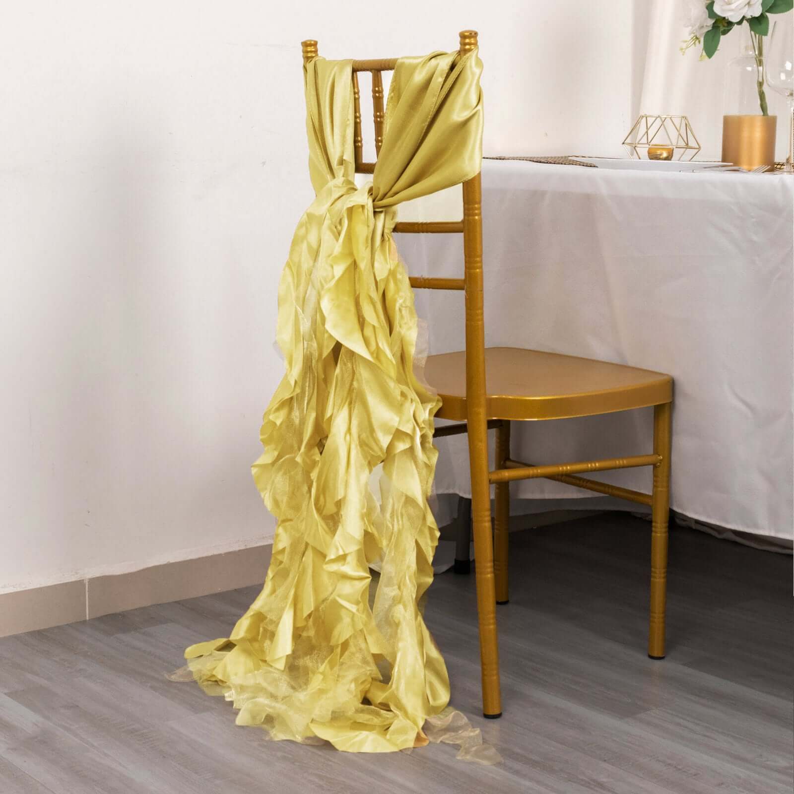 5 Pack Chiffon Satin Chair Sashes Champagne - Easy to Install Ruffled Curly Willow