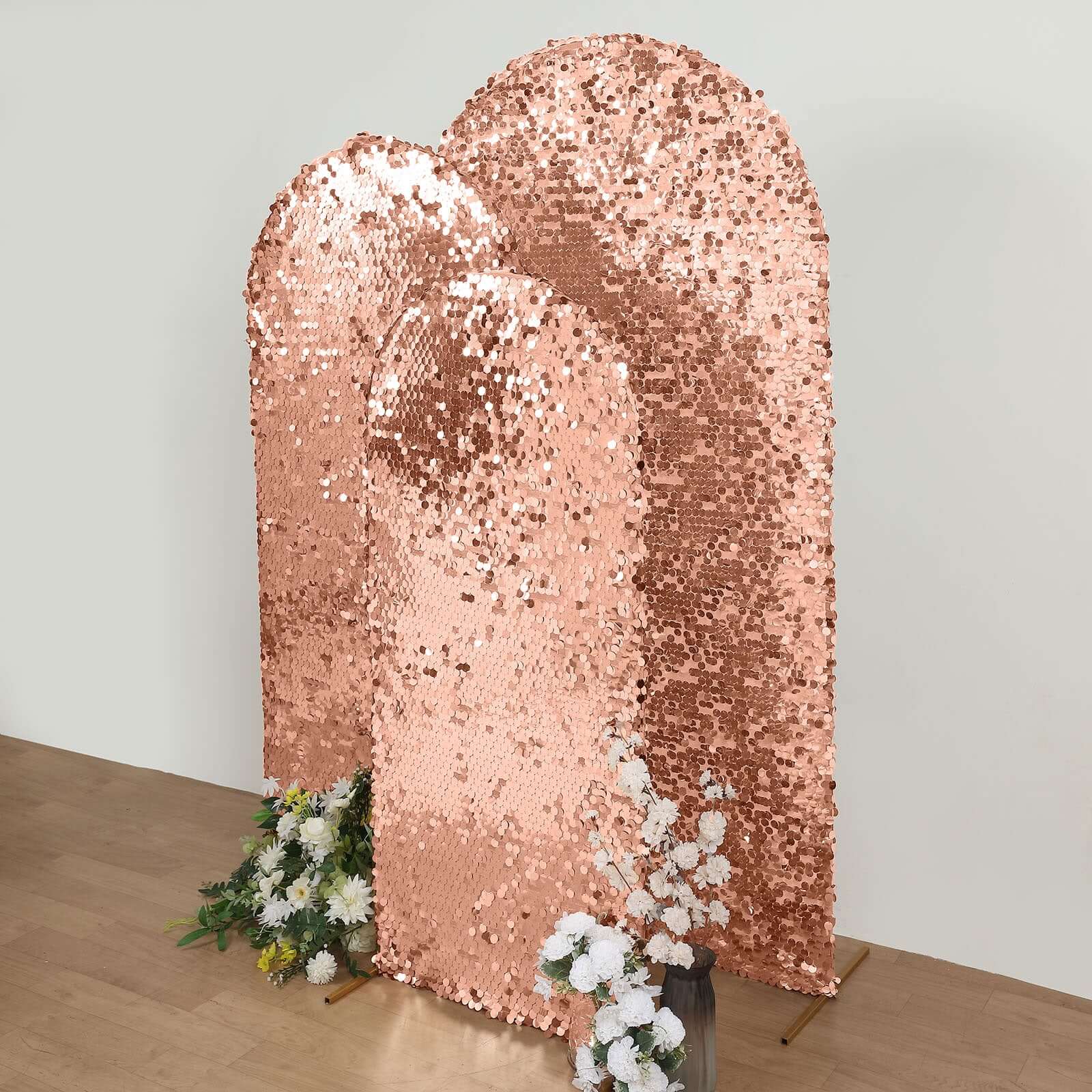 5ft Sparkly Rose Gold Double Sided Big Payette Sequin Chiara Backdrop Stand Cover For Fitted Round Top Wedding Arch