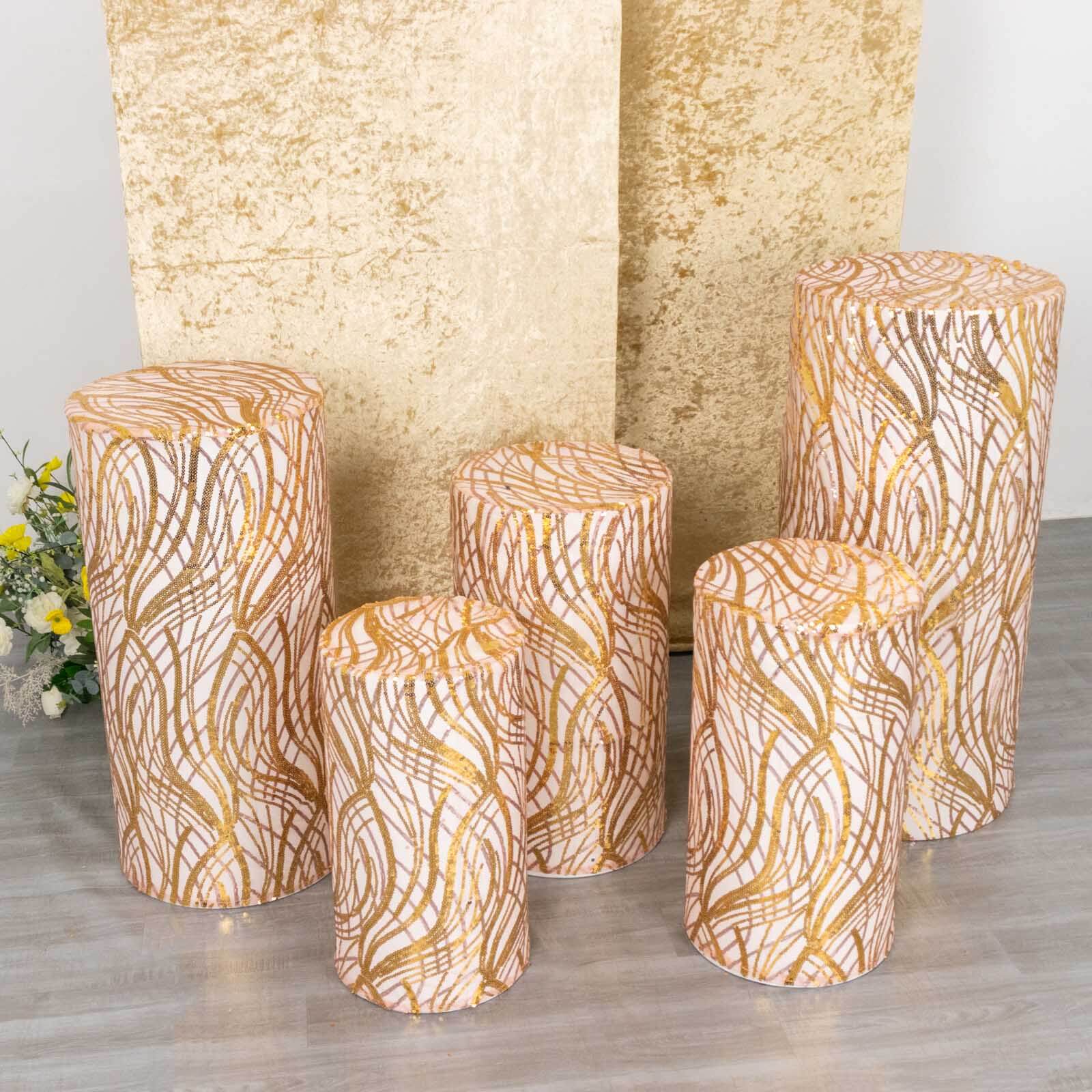 Set of 5 Rose Gold Wave Mesh Cylinder Pedestal Stand Covers with Embroidered Sequins, Pillar Prop Covers - 160 GSM