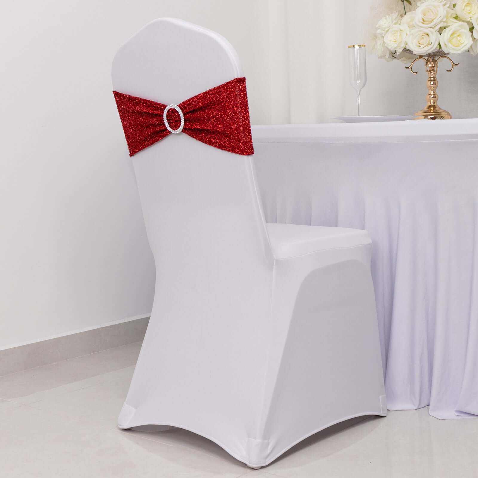 5 Pack Chair Sashes Shimmer Tinsel Spandex 5x12 with Silver Rhinestone Buckles Red - Stylish Chair Bands