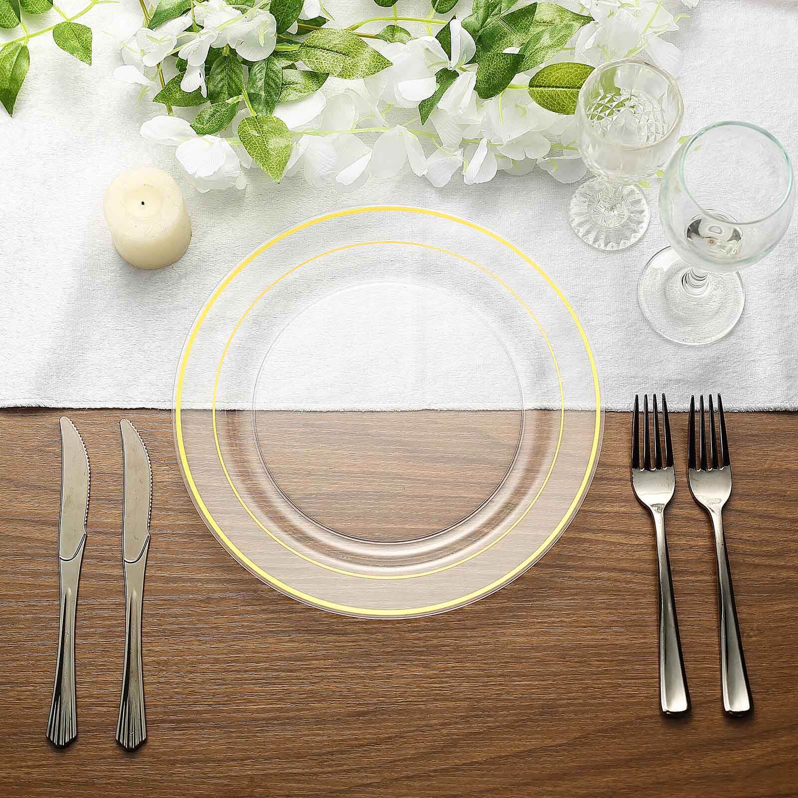 10-Pack Plastic Dinner Plates Clear with Très Chic Gold Rim - Perfect Disposable Party Plates 10