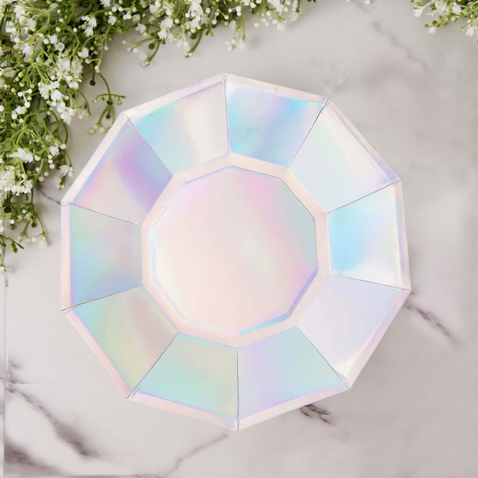 25-Pack Paper 9 Decagon Dinner Plates in Iridescent - Disposable Geometric Party Plates for Disco & Space Themed Events