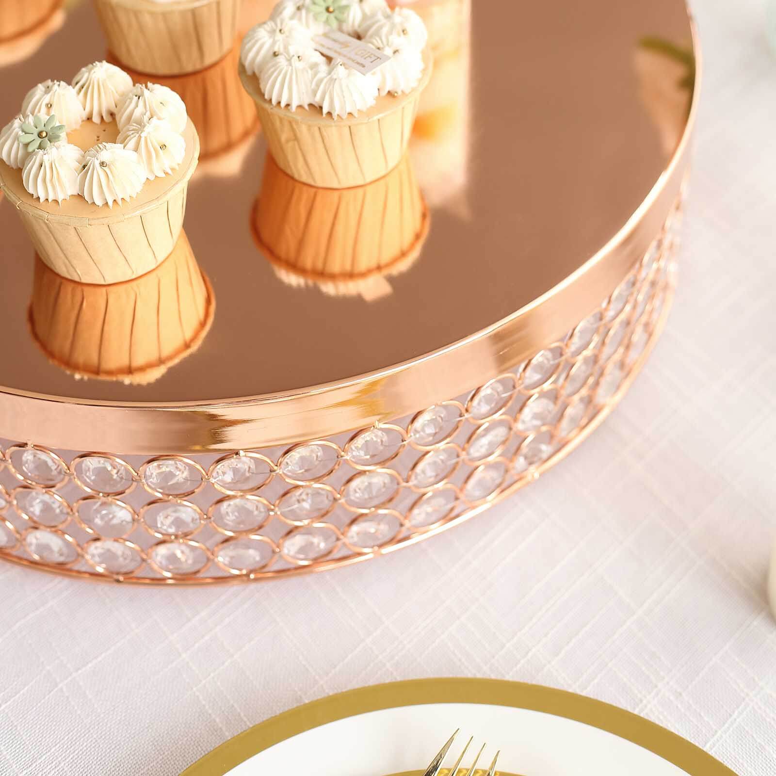 Metal Cake Stand Pedestal Crystal Beaded Design Rose Gold - Cupcake Display and Dessert Riser 16