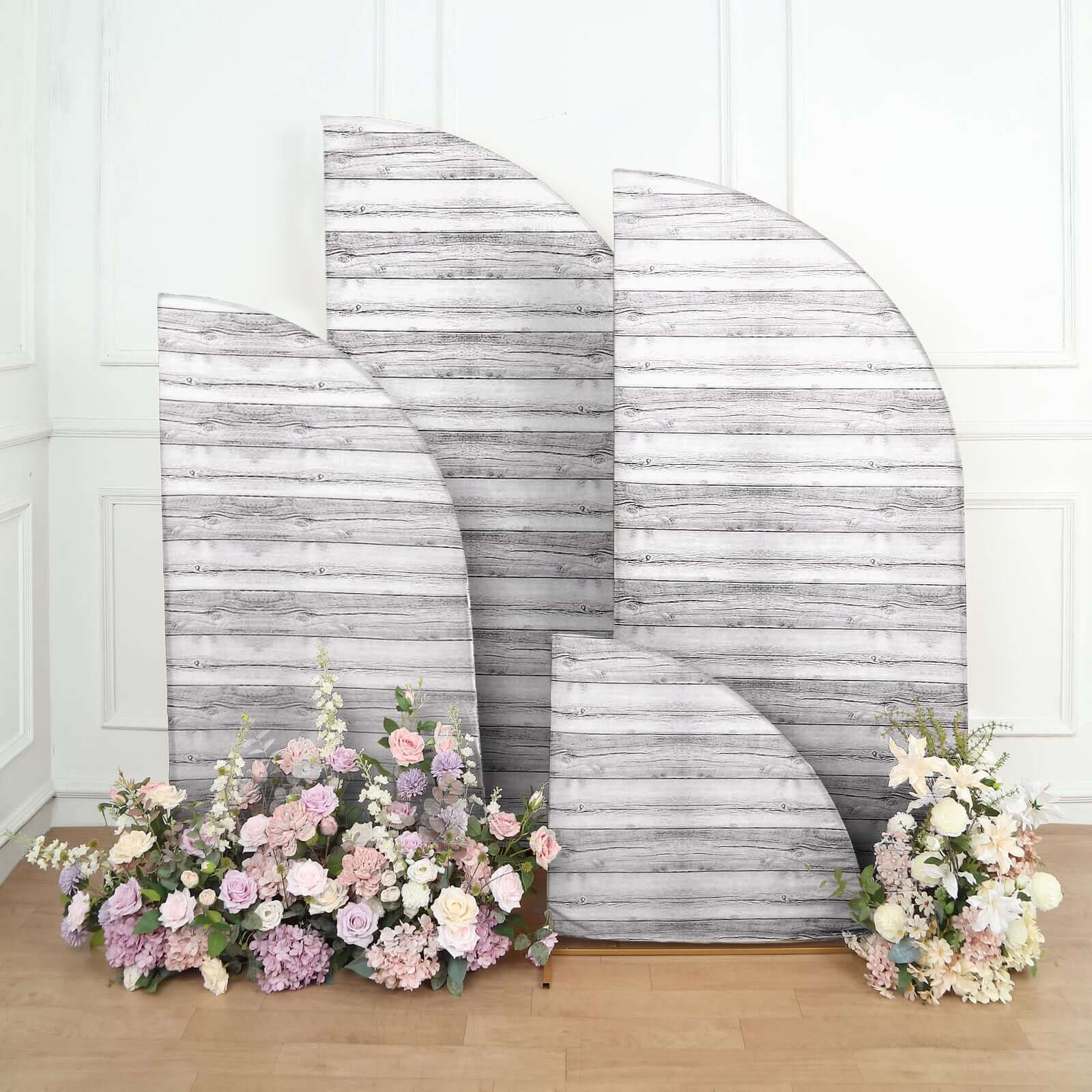 Set of 4 Whitewash Rustic Wood Print Spandex Chiara Wedding Arch Covers, Fitted Covers For Half Moon Backdrop Stands - 2.5ft, 5ft, 6ft, 7ft