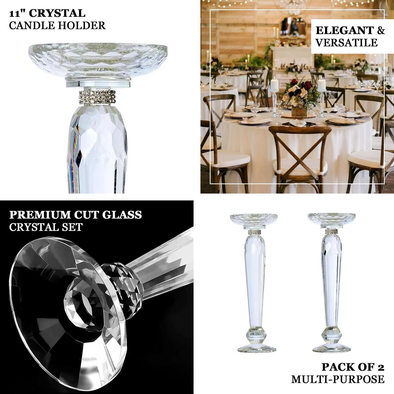 2-Pack Cut Crystal Glass Pillar Candle Holder Stands, Kissing Ball Flower Pedestals 11